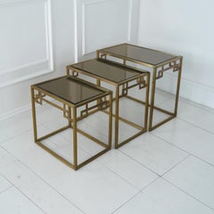 Italian Nest of Three Brass Greek Key Frame Tables, Beveled Mirror Tops, 1970s