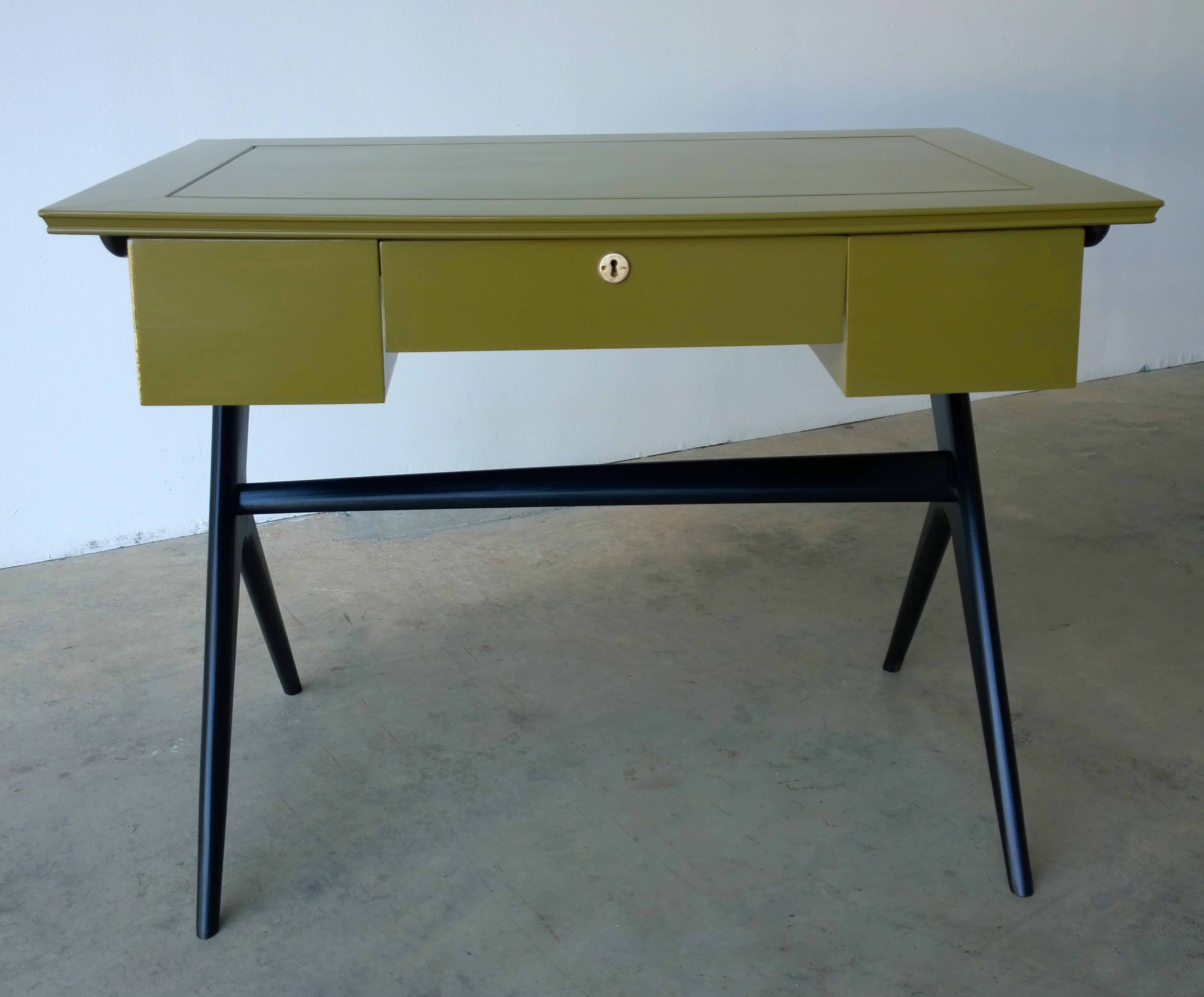 Mid-Century Modern Italian Newly Lacquered in a Bronze Green & Black 1-Drawer Desk / Writing Table