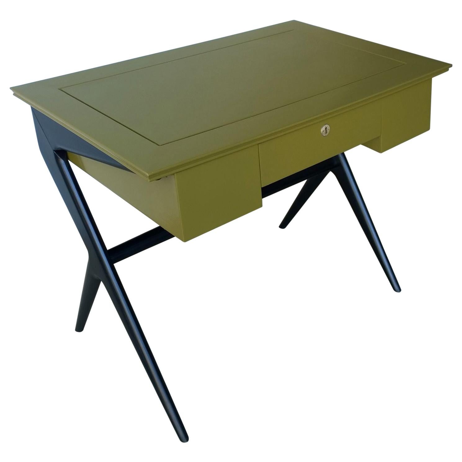 Italian Newly Lacquered in a Bronze Green & Black 1-Drawer Desk / Writing Table