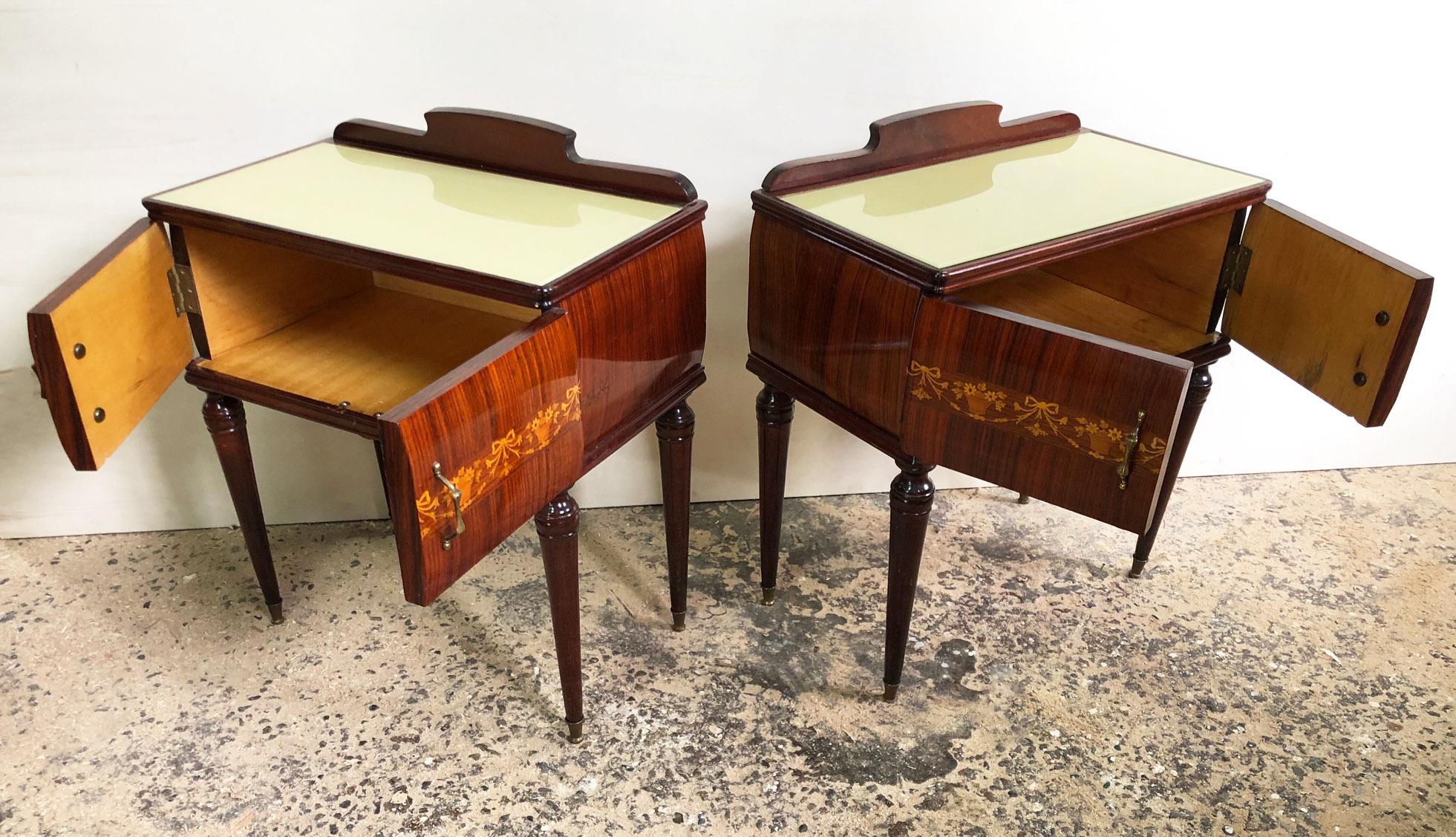 Pair of Italian night stands, in honeycomb, with floral motif inlays, original from 1960, yellow glass top.
 Comes from an old country house in the Chianti area of Tuscany.
The paint is original in patina, honey amber color. 
As shown in the