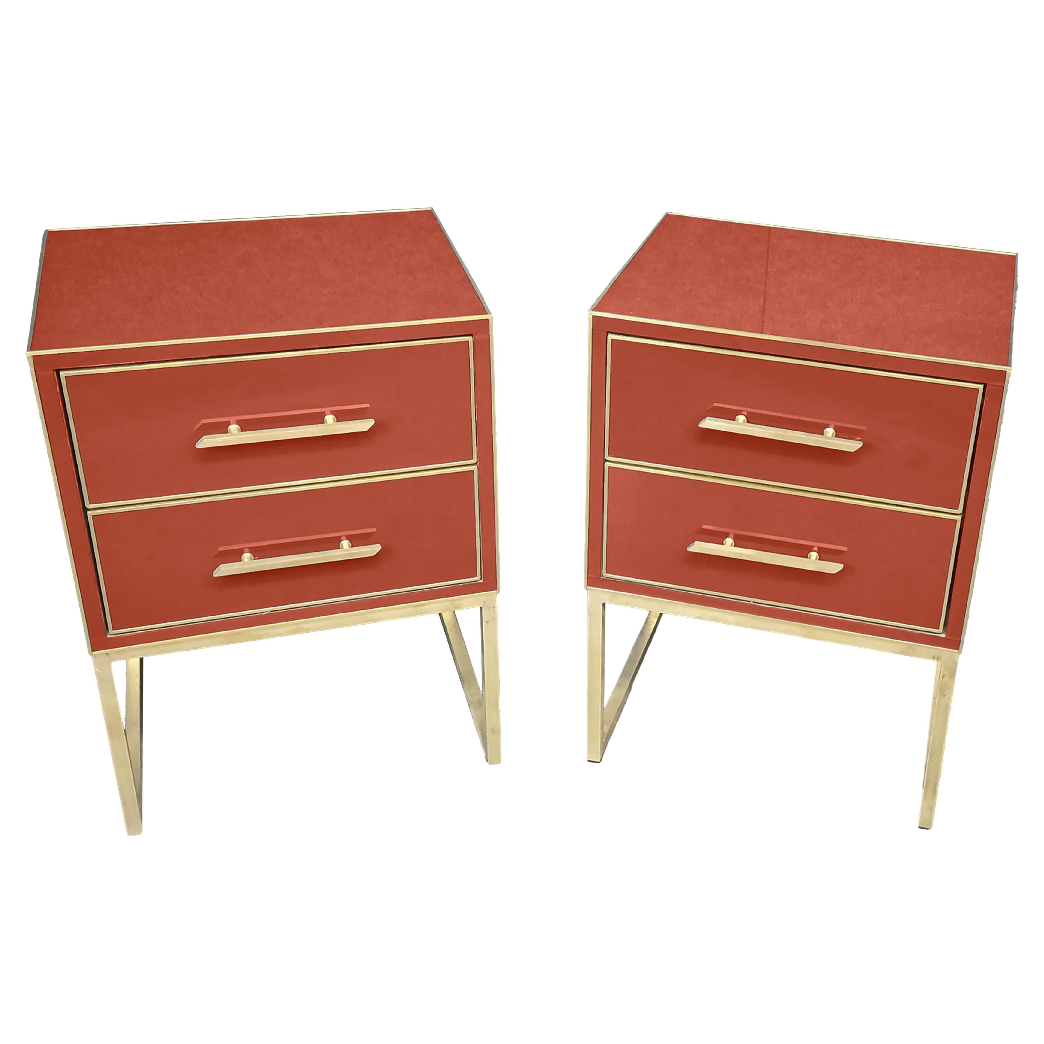 Italian Nightstand Terracotta Glass, Wood & Brass - Milan Fashion Week Exclusive