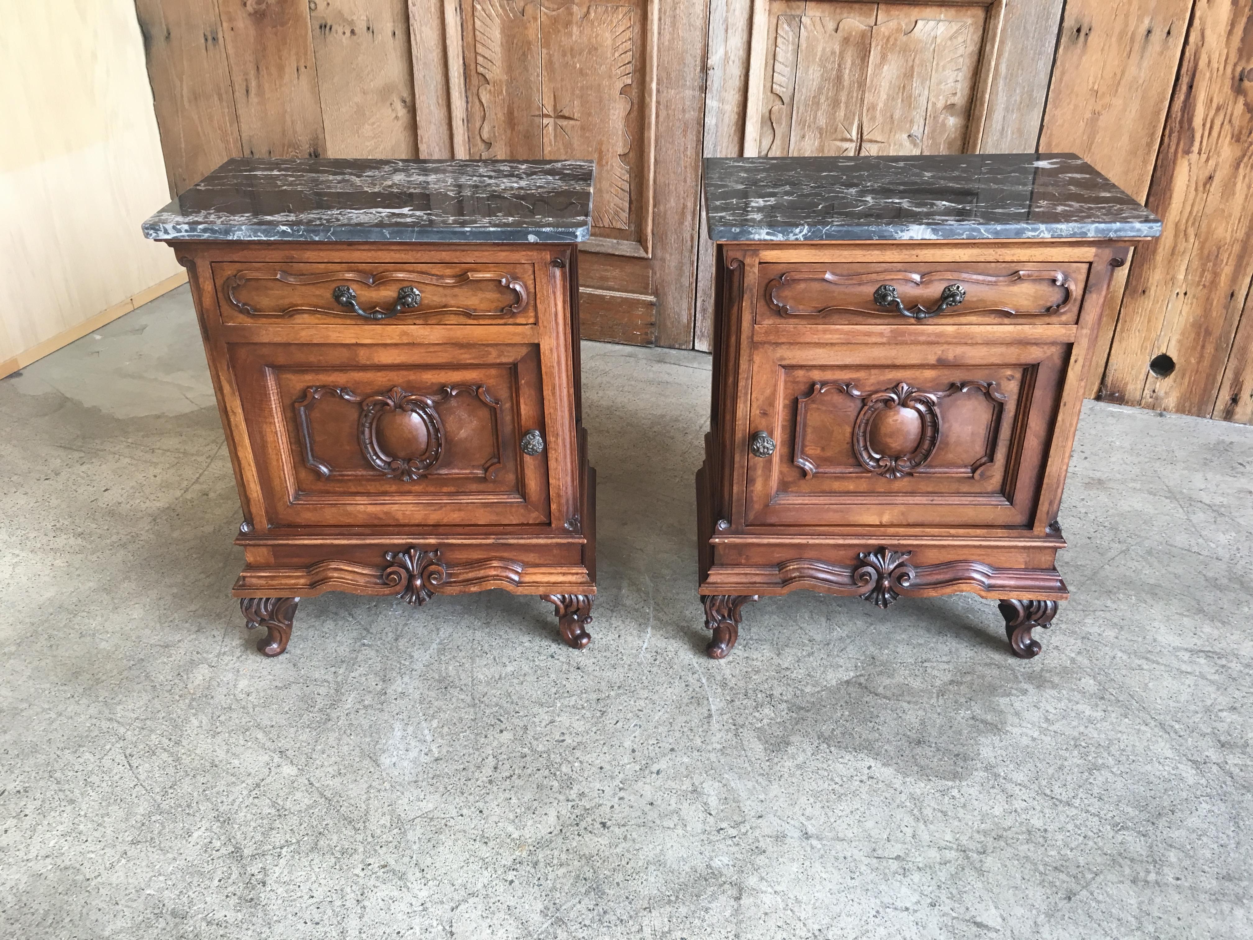 Rococo Revival Italian Nightstands Solid Walnut with Marble Tops
