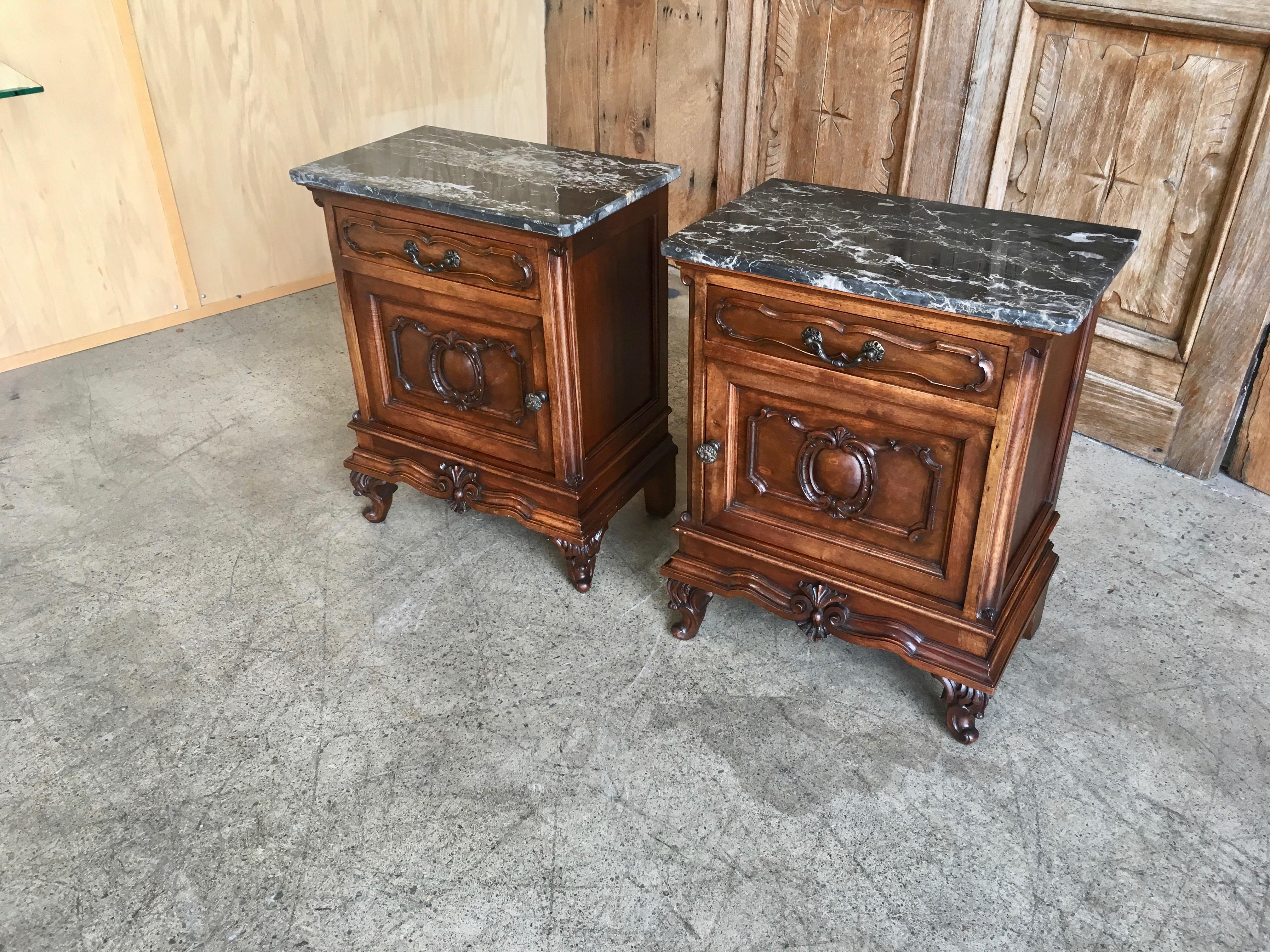 Italian Nightstands Solid Walnut with Marble Tops In Excellent Condition In Denton, TX