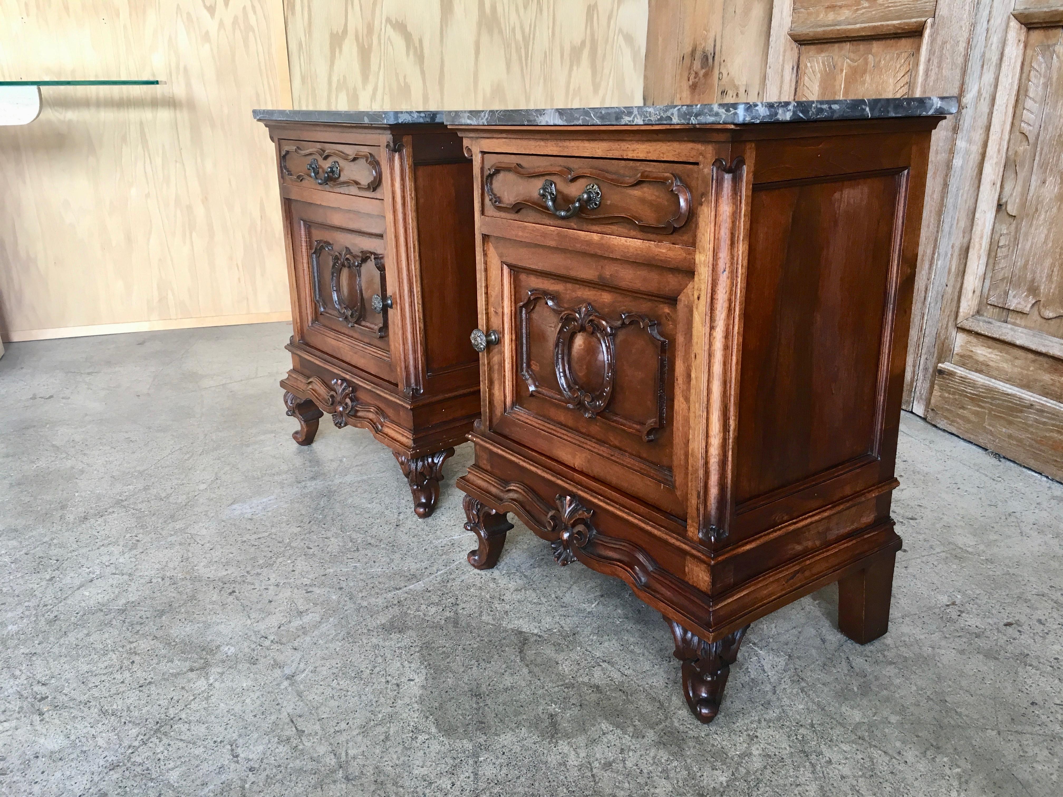 20th Century Italian Nightstands Solid Walnut with Marble Tops