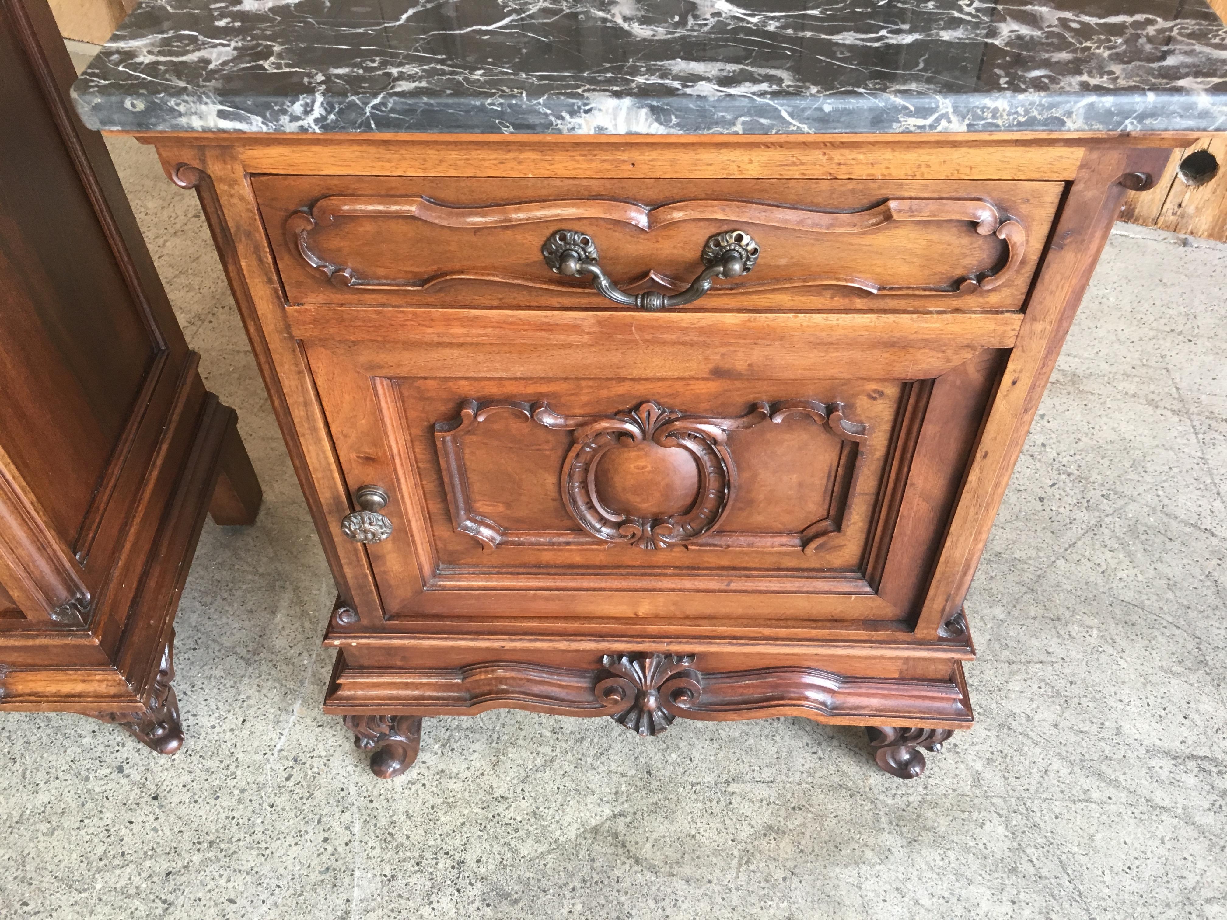 Brass Italian Nightstands Solid Walnut with Marble Tops