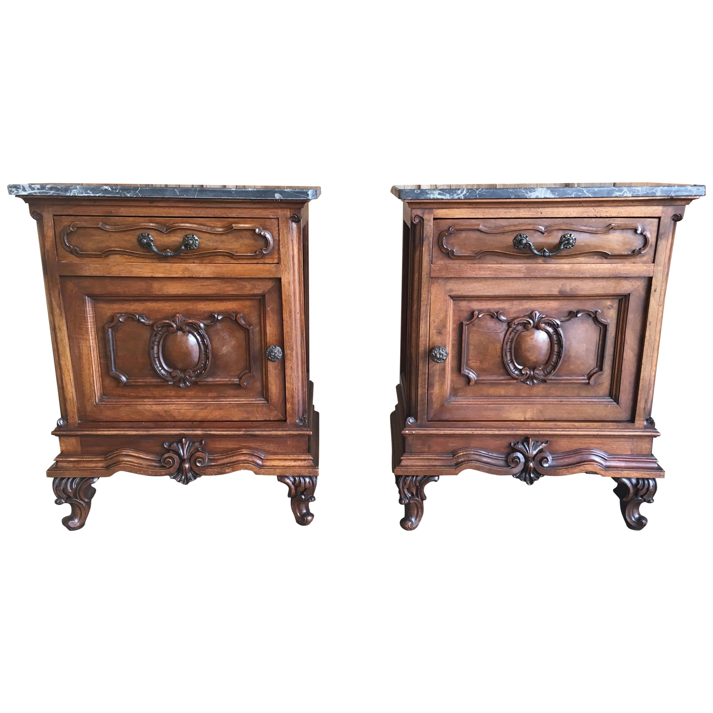 Italian Nightstands Solid Walnut with Marble Tops