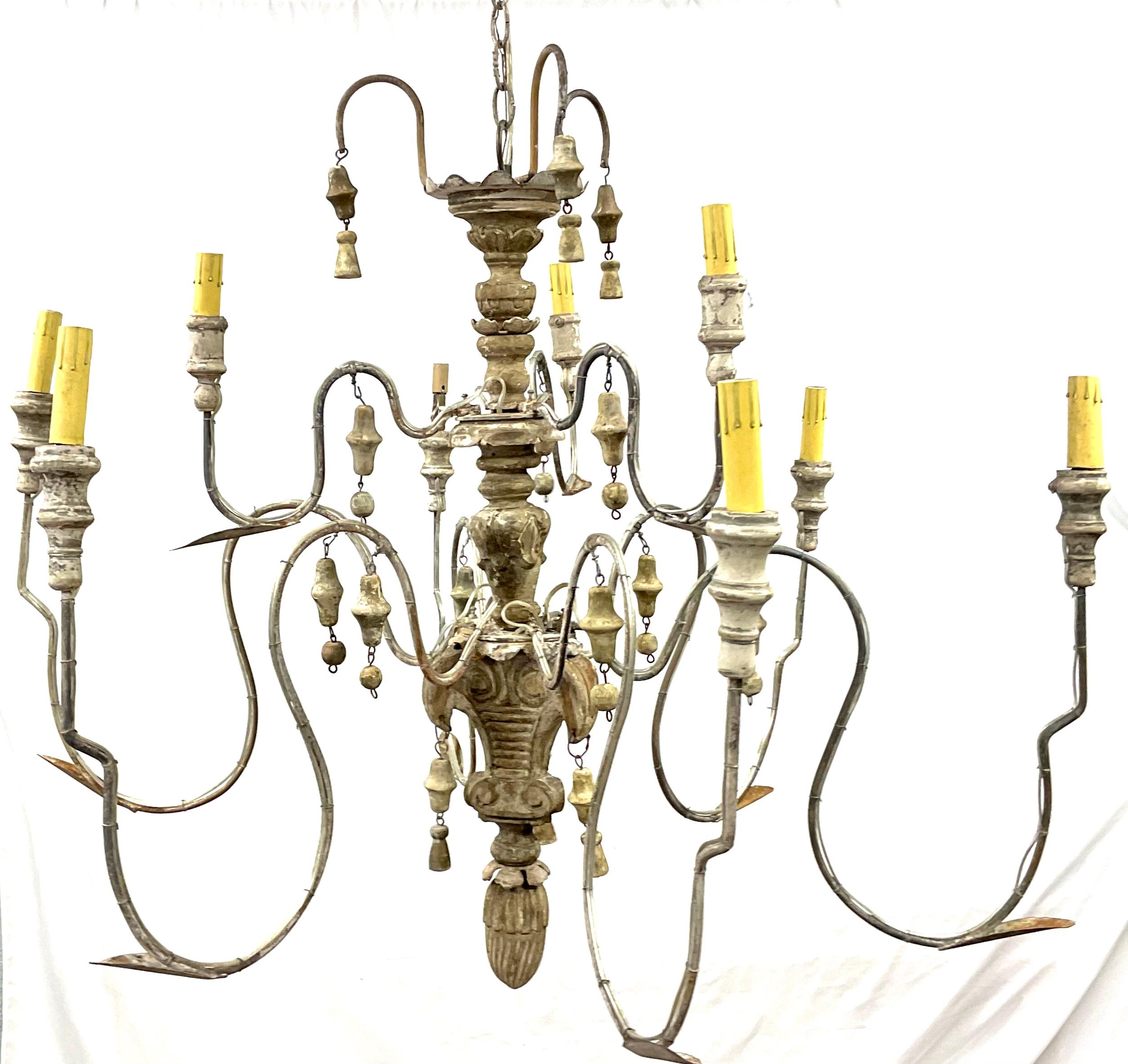 Italian Nine Light Painted Wood and Iron Chandelier In Good Condition In Bradenton, FL