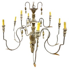 Antique Italian Nine Light Painted Wood and Iron Chandelier