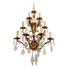 Italian Nine-light Sconce 1970s Pyramidal Shape Gilt Iron with Crystals