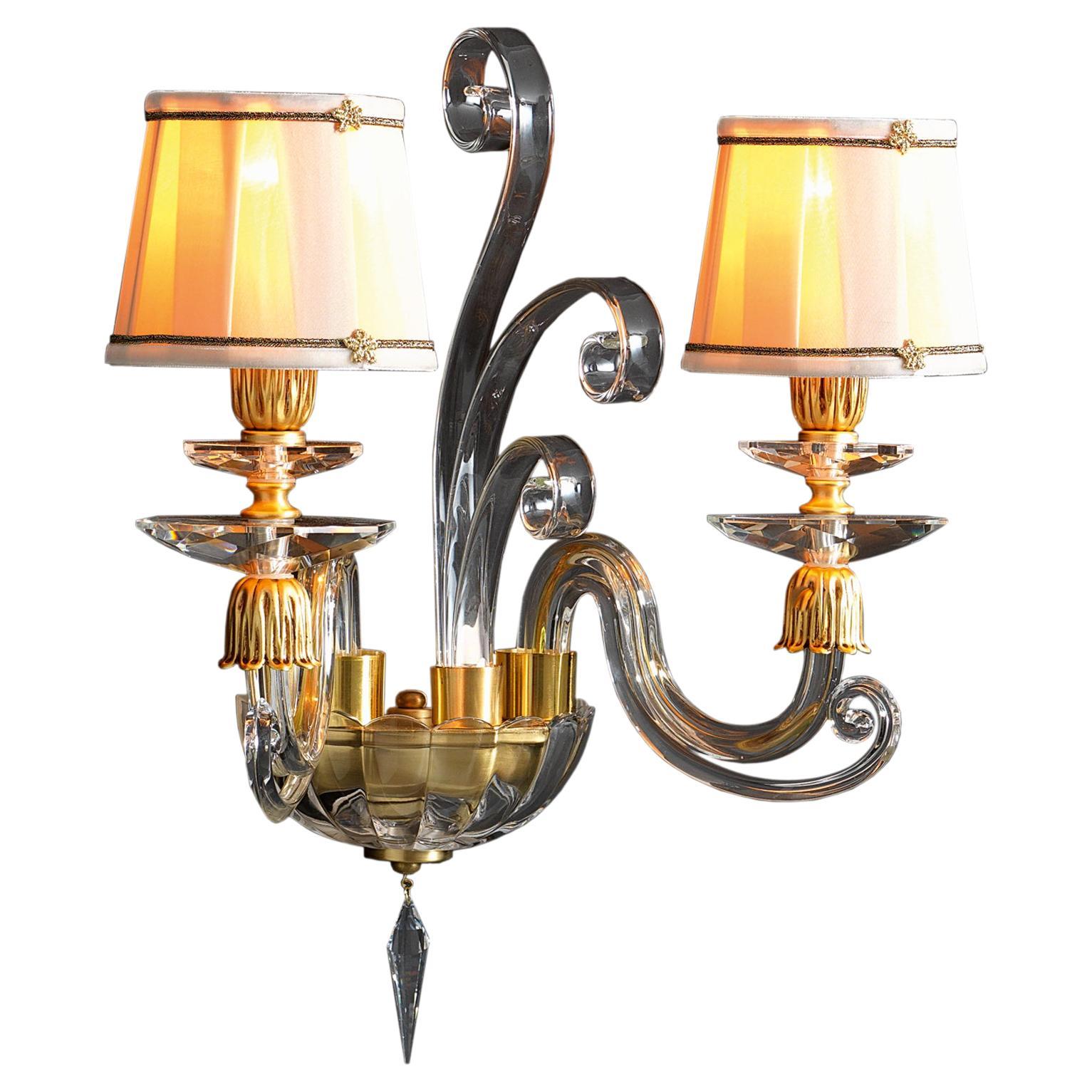 Italian Noble 2 Lights Wall Lamp in Satin Gold Finishing and Transparent Crystal For Sale