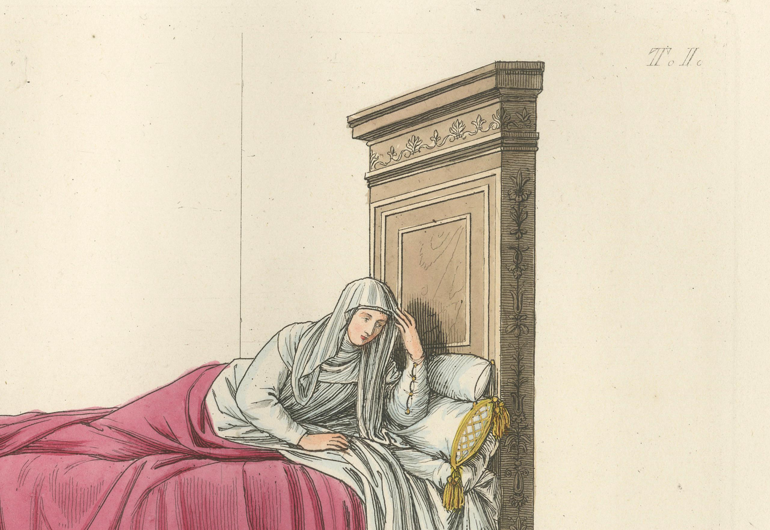 Italian Noblewoman Reclining in Bed – Renaissance Interior Scene

This captivating hand-colored print, labeled No.70, presents a rare and intimate glimpse into the private domestic life of a noblewoman during the Italian Renaissance. Unlike the