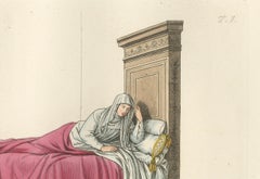 Italian Noblewoman Reclining in Bed – Renaissance Interior Scene, Published 1845
