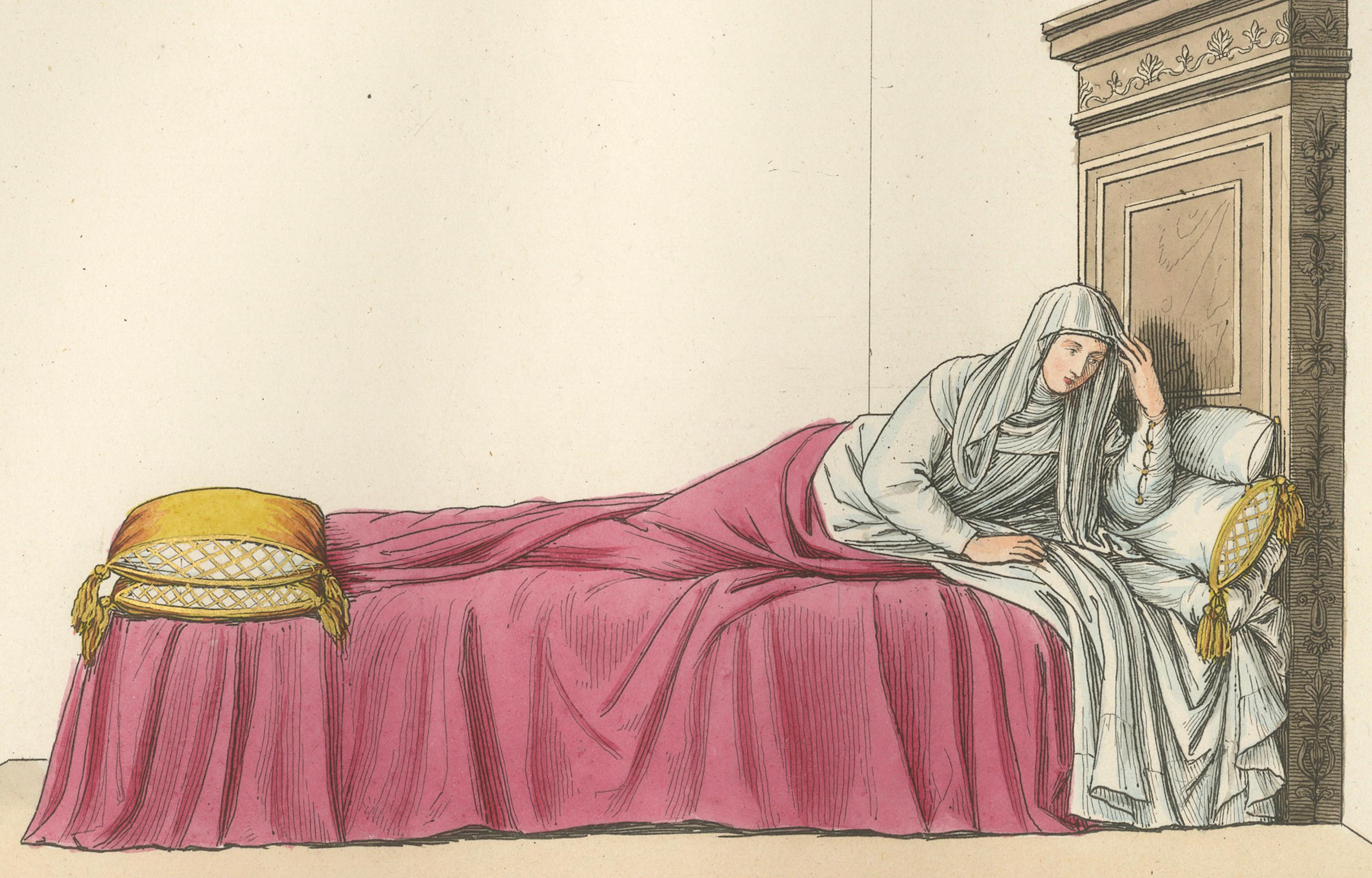 French Italian Noblewoman Reclining in Bed – Renaissance Interior Scene, Published 1845 For Sale