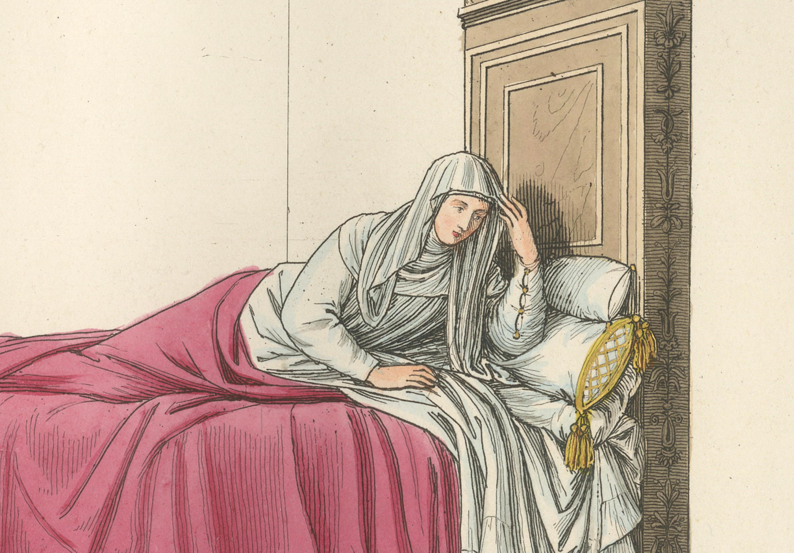 Engraved Italian Noblewoman Reclining in Bed – Renaissance Interior Scene, Published 1845 For Sale