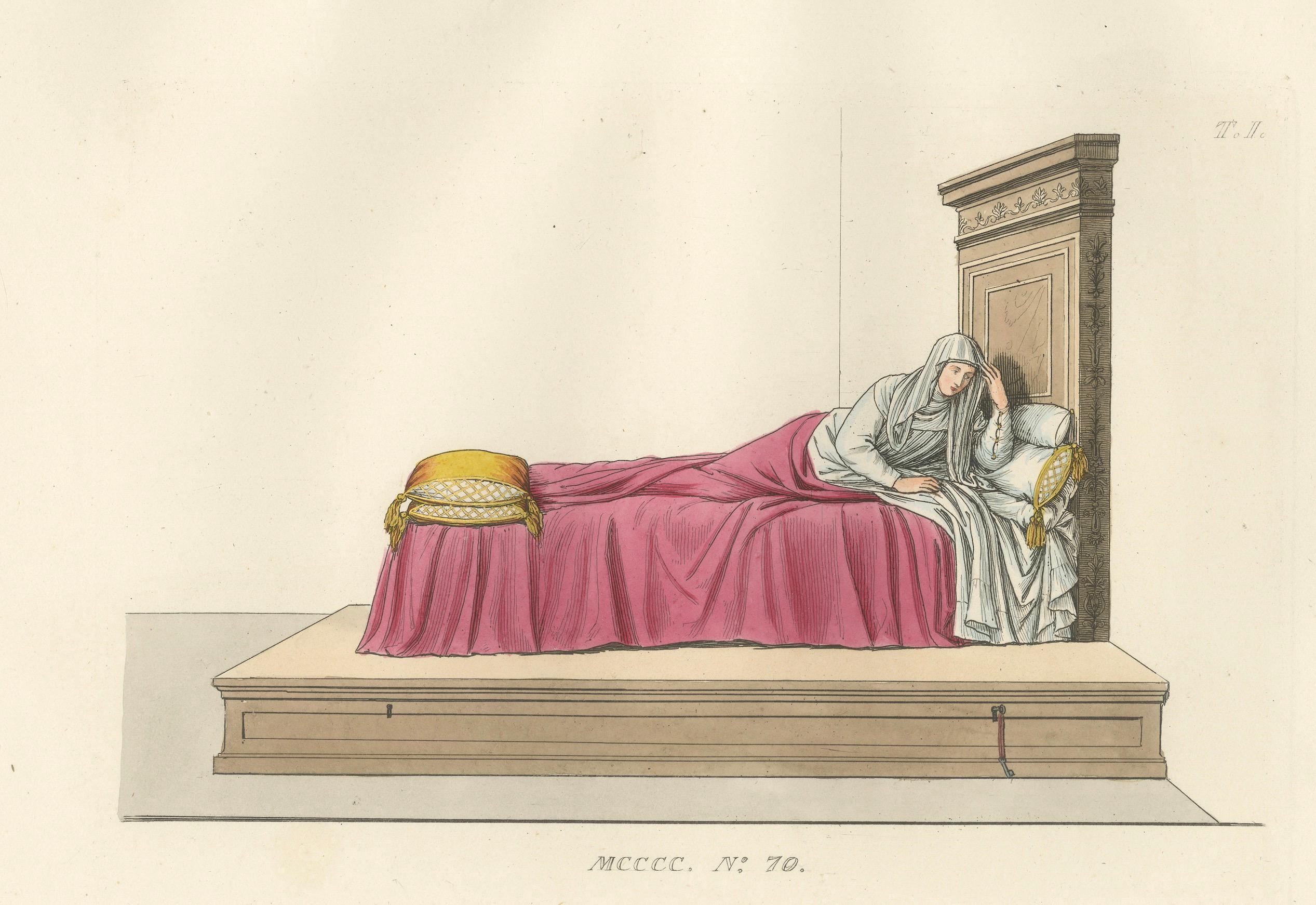 Italian Noblewoman Reclining in Bed – Renaissance Interior Scene, Published 1845 In Good Condition For Sale In Langweer, NL