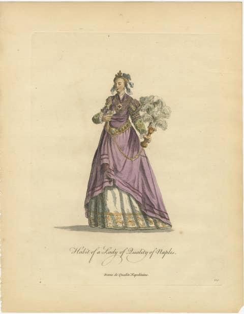 Italian Noblewomen Costume Engravings from Naples, Hand-Colored, 1749