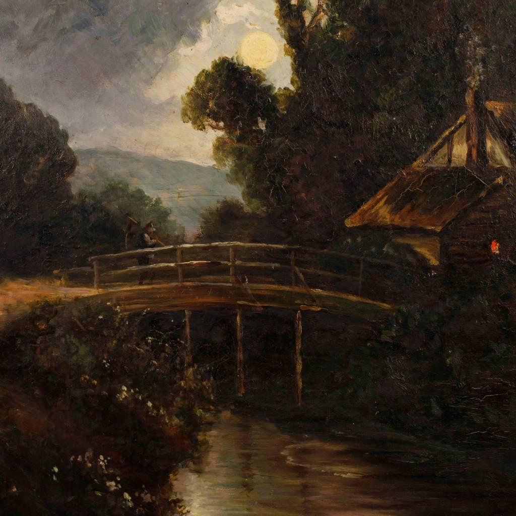 Italian painting oil on canvas. 20th century framework depicting a nocturnal landscape with river, in Impressionist style, of beautiful pictorial quality. Carved and gilded frame in wood and plaster, in good condition. Painting that presents some