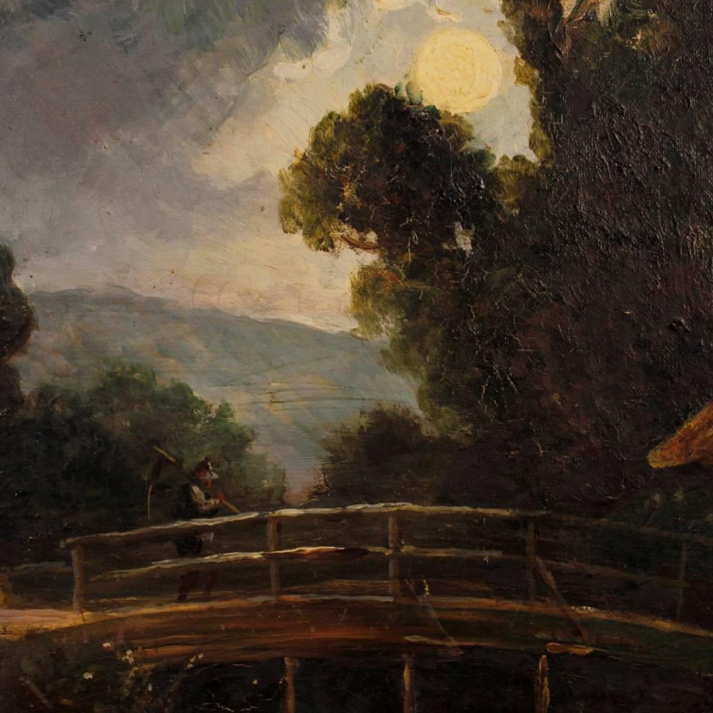 Italian Nocturnal Landscape Painting Oil on Canvas from 20th Century 3