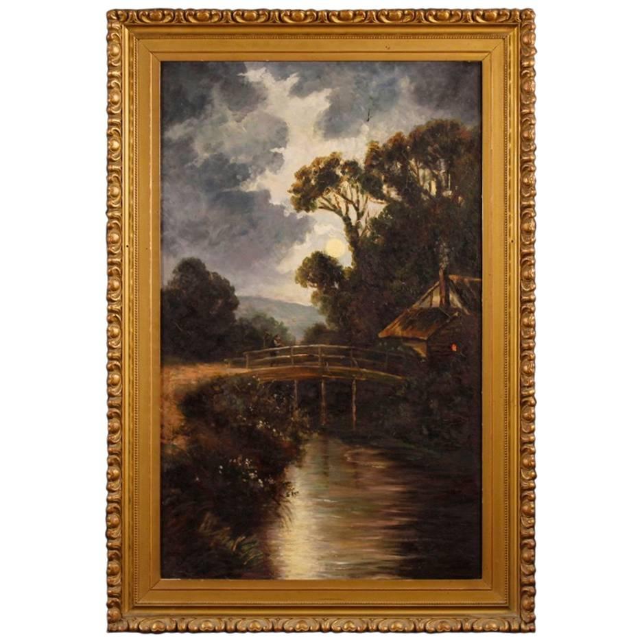 Italian Nocturnal Landscape Painting Oil on Canvas from 20th Century
