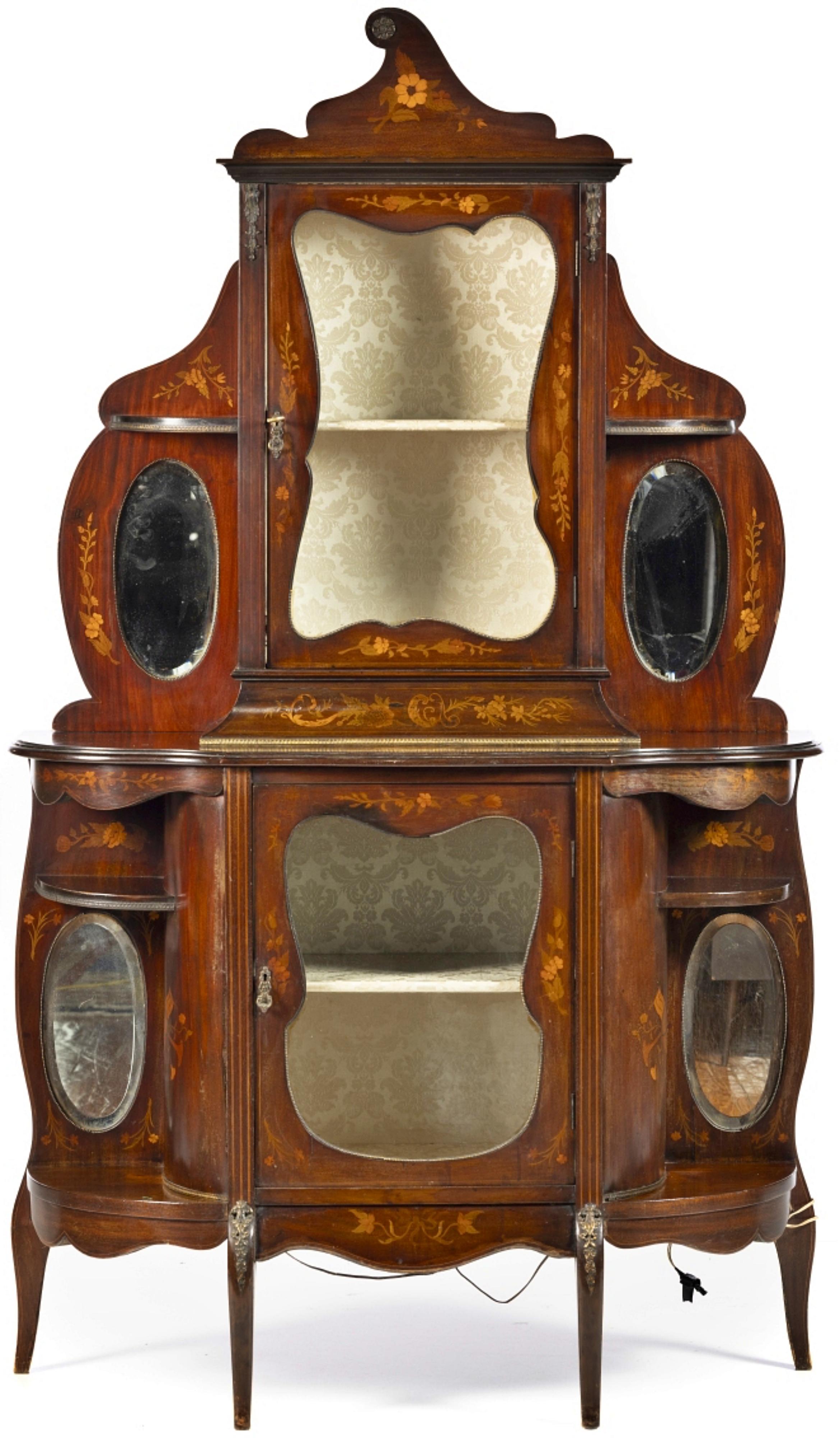 Antique Victorian mahogany display case with quality marquetry inlays that has a lid with quality floral marquetry inlays with oval mirrors with a beveled edge, ormolu mounts, door with a crystallized shape that opens to reveal a display shelf