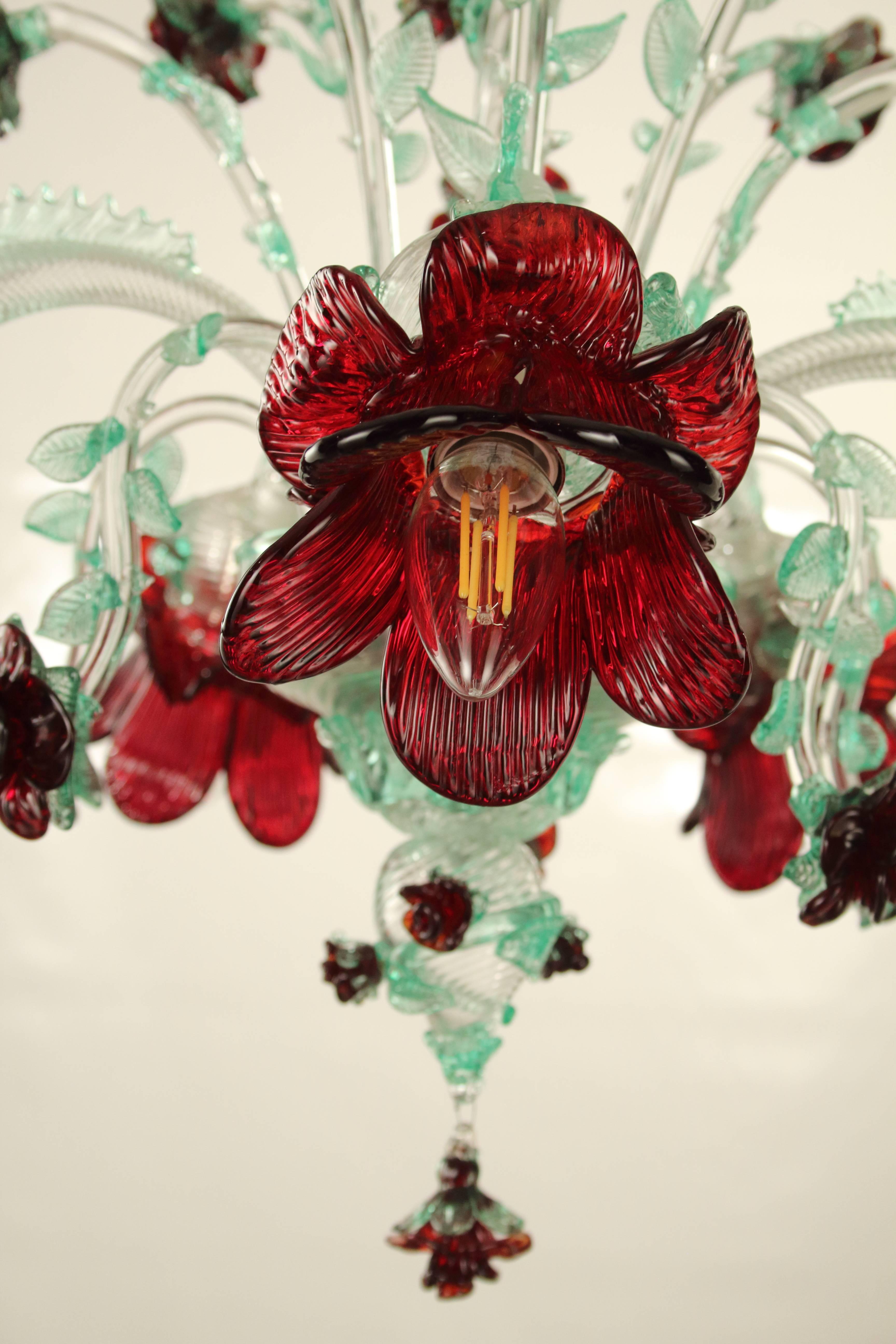 Hand-Crafted Italian Noveau Style, Murano Blown Glass Chandelier, Floreal trimmings For Sale