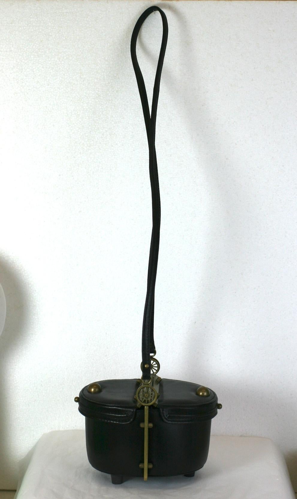 Super unusual and cool Italian novelty black calf leather structured bag by Freon Firenze.  2 sided 