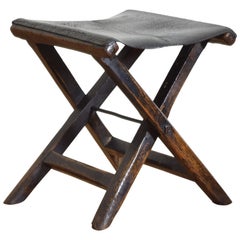 Antique Italian Oak and Leather Folding Stool, Early 19th Century