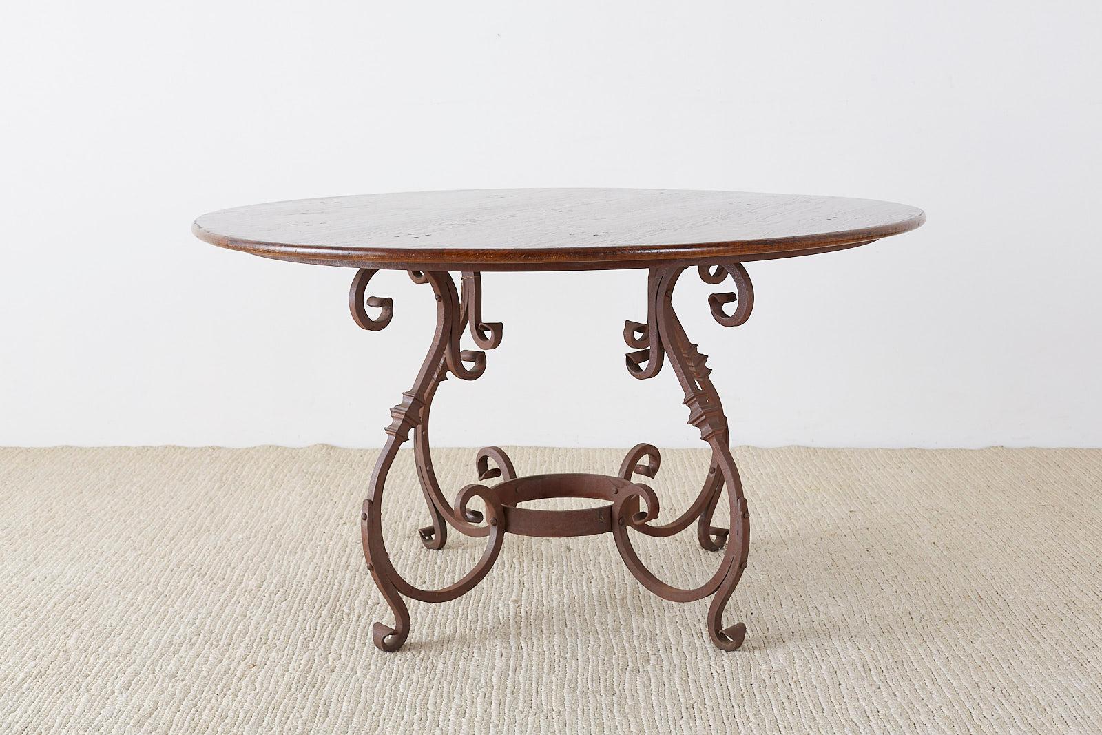 Hand-Crafted Italian Oak and Scrolled Iron Round Dining Table