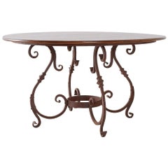 Italian Oak and Scrolled Iron Round Dining Table