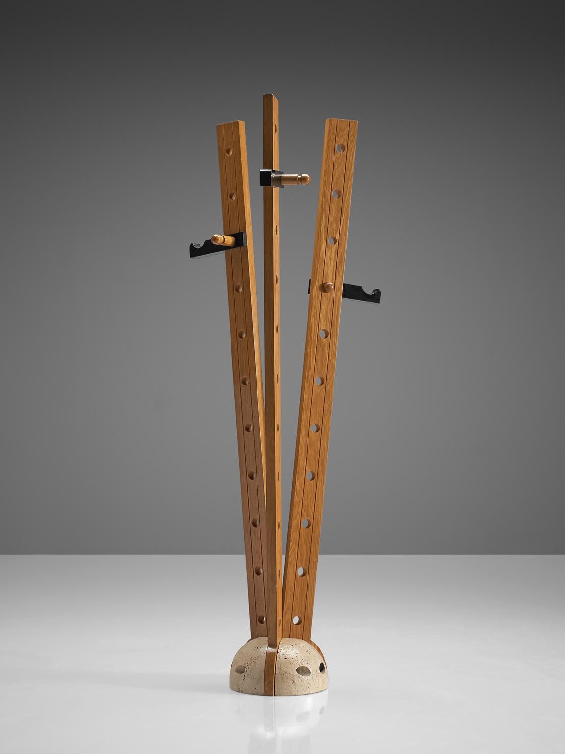 Mid-Century Modern Italian Oak and Travertine Free Standing Coat Stand