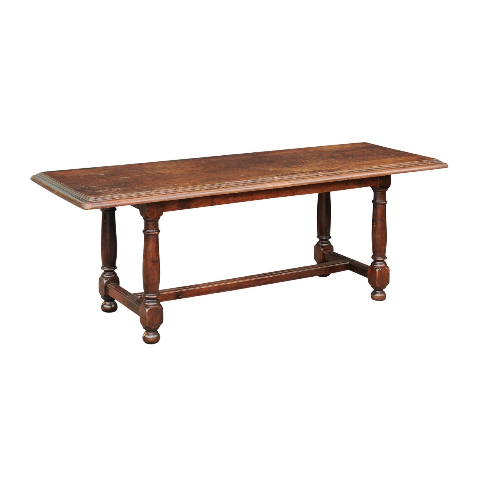 Italian Oak Coffee Table with Turned Legs and Cross Stretcher, circa 1880