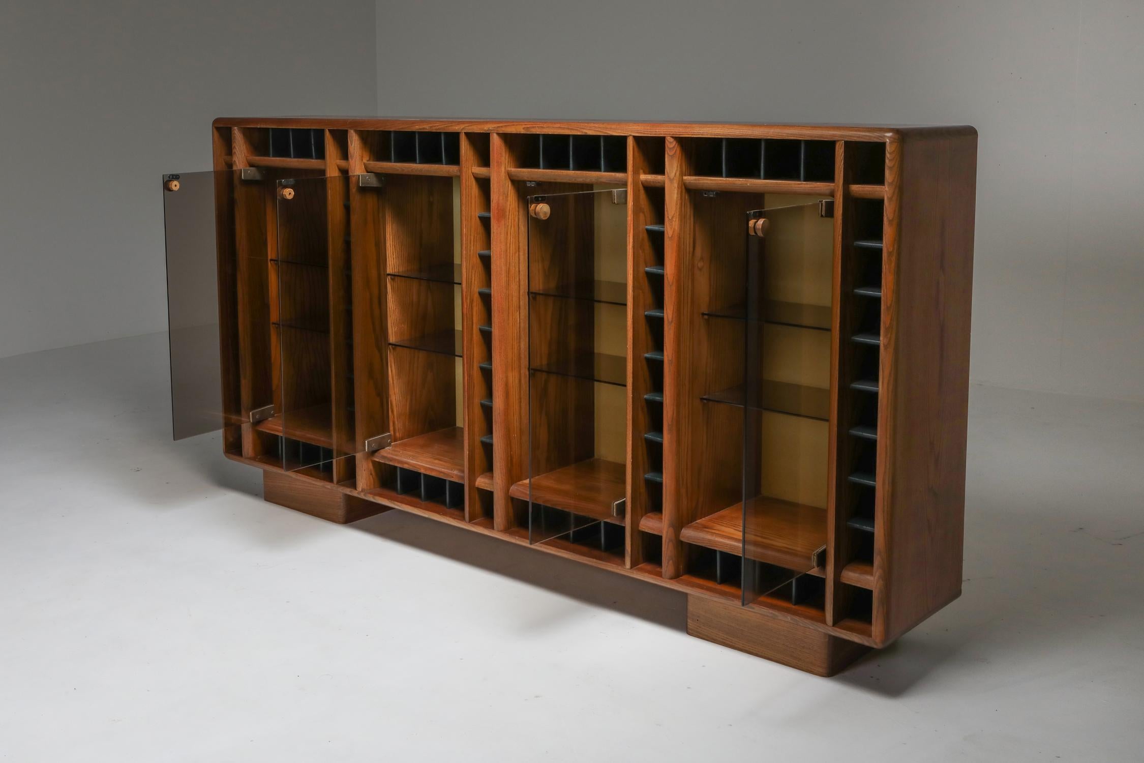 Post-Modern Oak Storage Unit with Glass Doors, Italy, 1970s For Sale