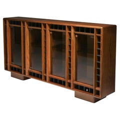 Vintage Oak Storage Unit with Glass Doors, Italy, 1970s