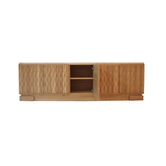 Italian Oak Wood Sideboard with Hand Carved Patterns and Travertine Marble Top