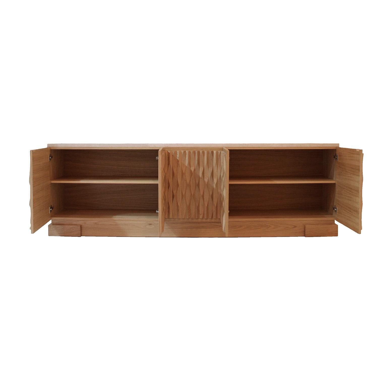 Brutalist Italian Oak Wood Sideboard with Hand Carved Patterns and Travertine Marble Top