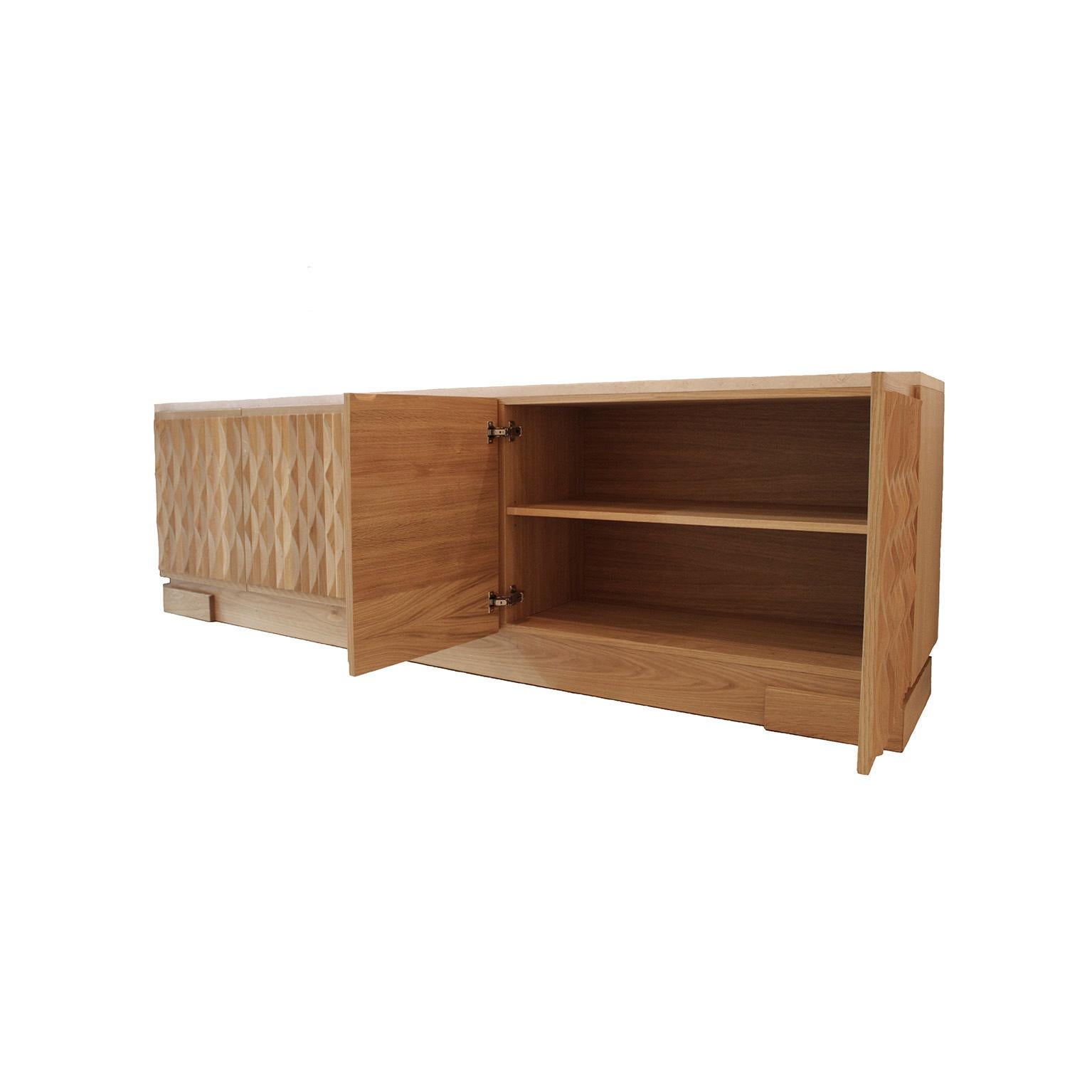 Contemporary Italian Oak Wood Sideboard with Hand Carved Patterns and Travertine Marble Top For Sale