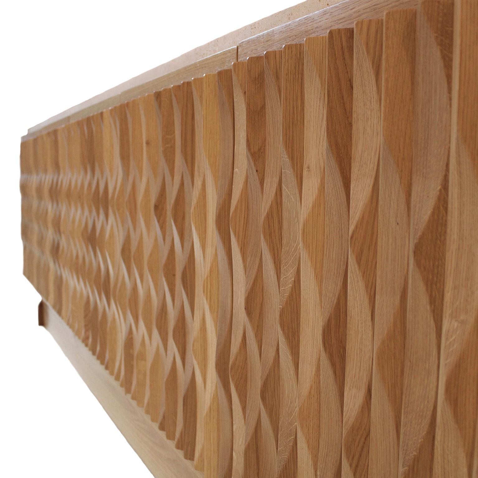 Italian Oak Wood Sideboard with Hand Carved Patterns and Travertine Marble Top For Sale 1