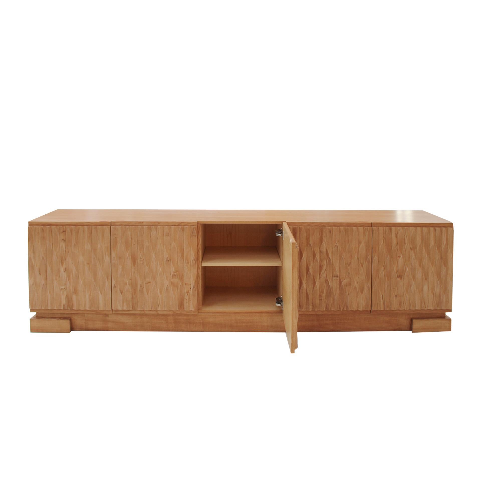 Brutalist Italian Oak Wood Sideboard with Hand Carved Patterns in the Doors, Italy