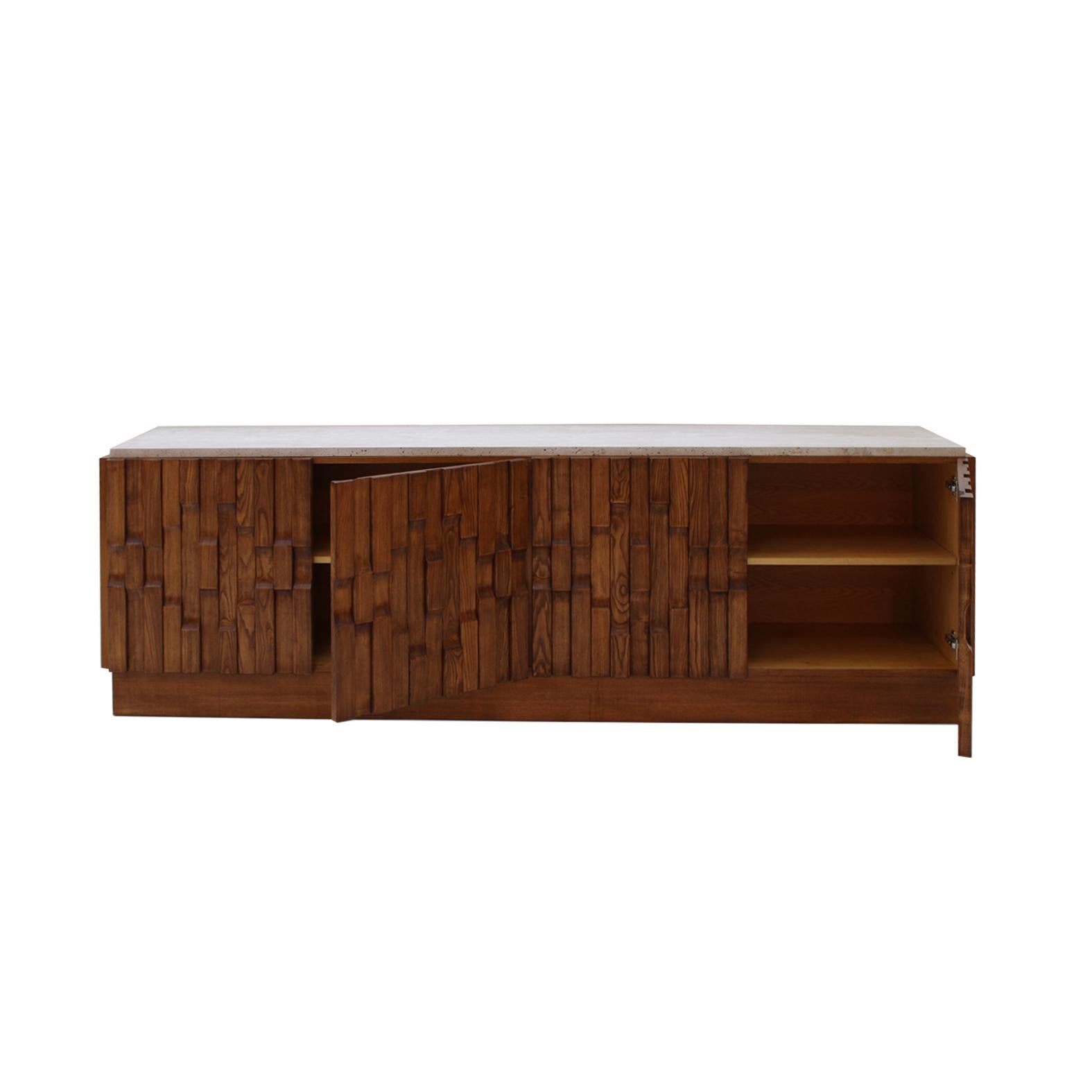 Italian Oak Wood Sideboard with Travertine Marble Top and Hand Carved Patterns In Good Condition For Sale In Madrid, ES
