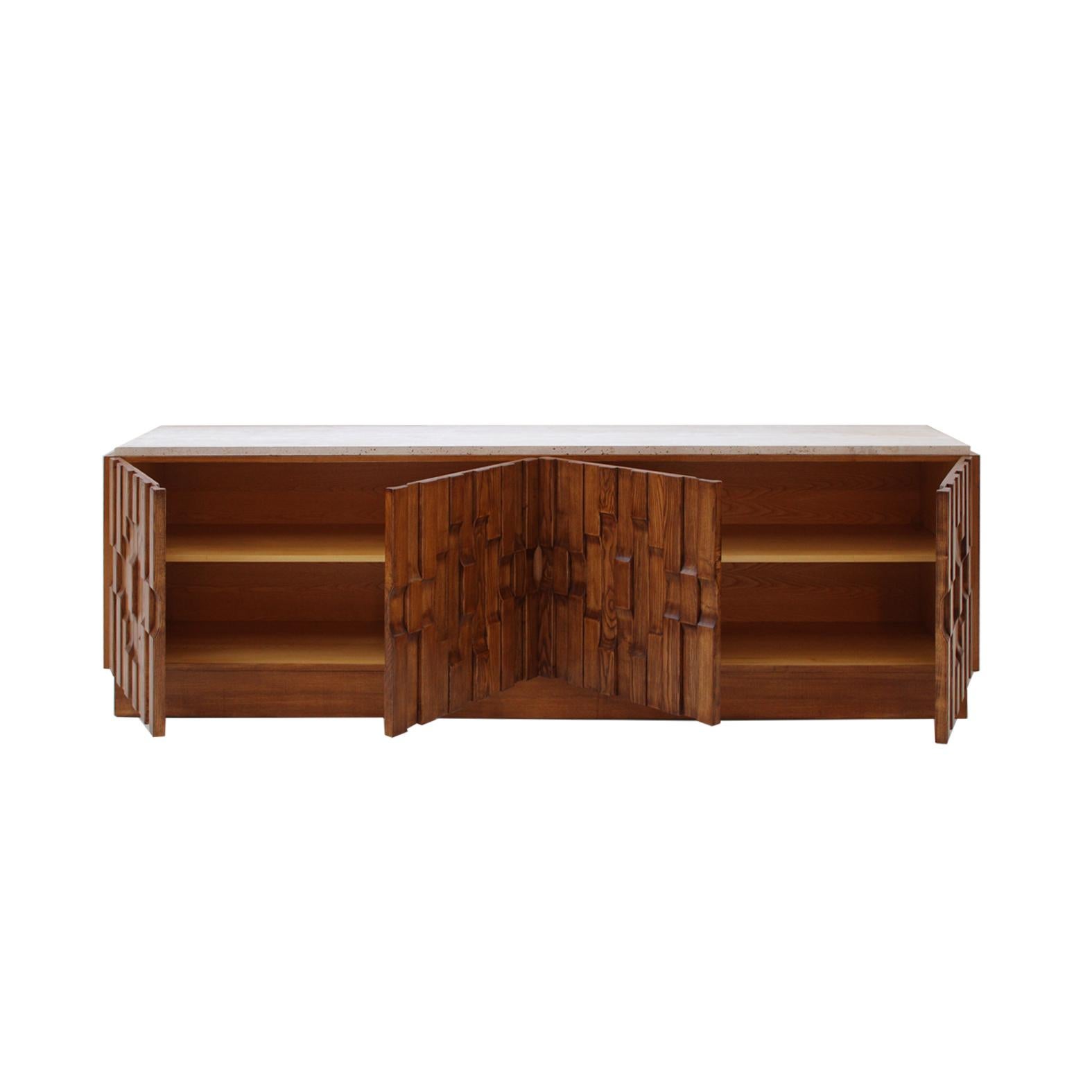 Contemporary Italian Oak Wood Sideboard with Travertine Marble Top and Hand Carved Patterns For Sale