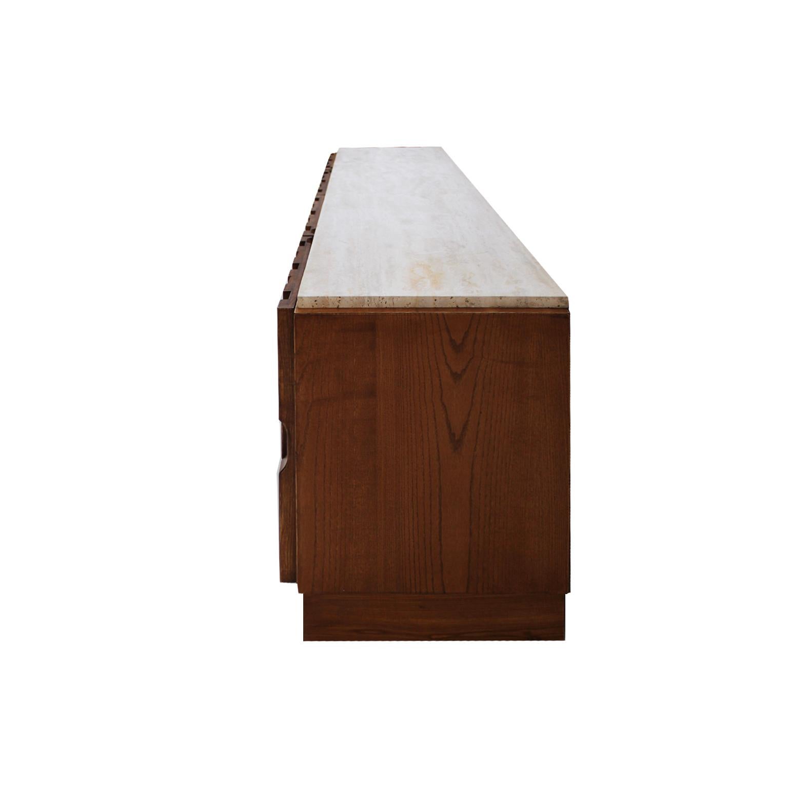 Italian Oak Wood Sideboard with Travertine Marble Top and Hand Carved Patterns For Sale 1