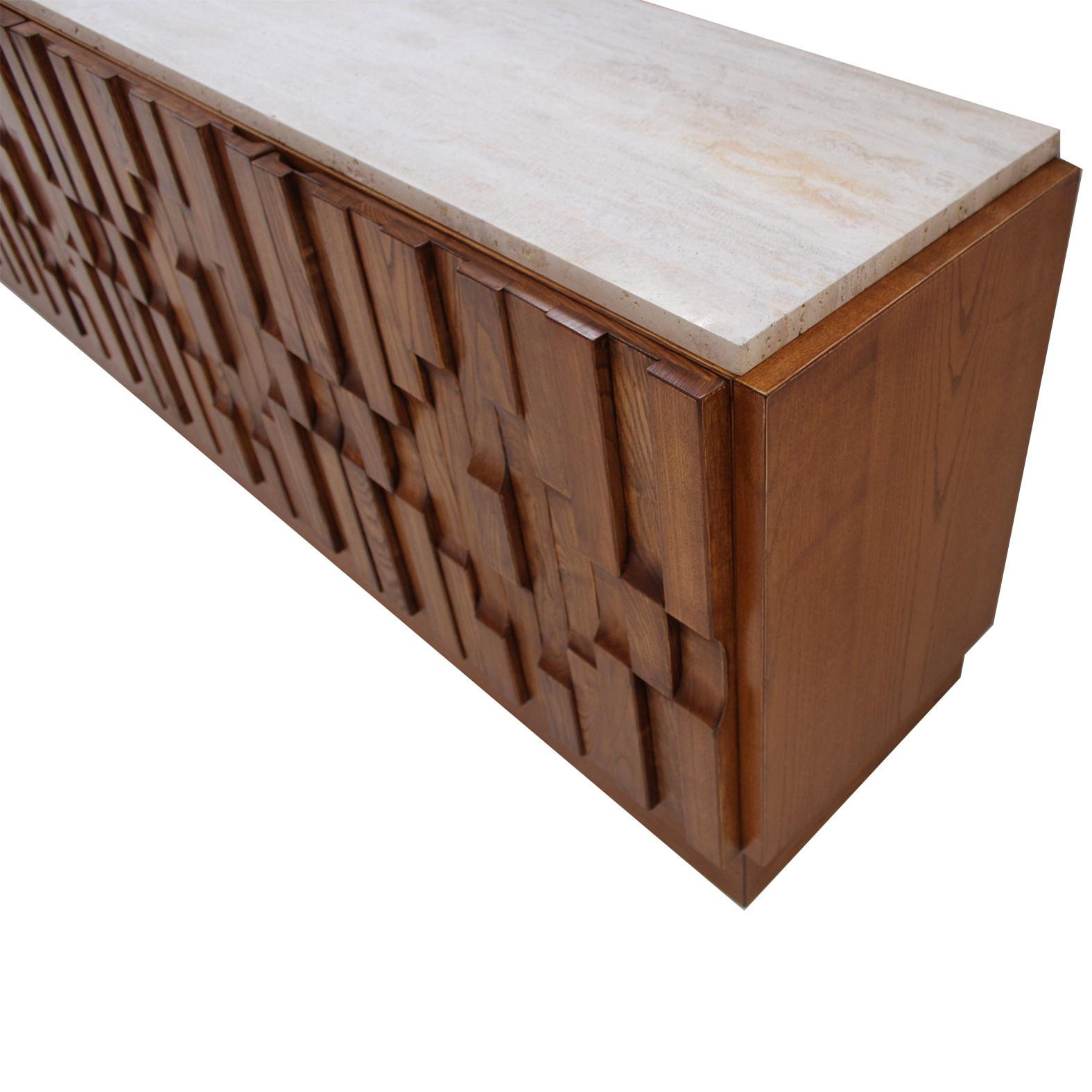 Italian Oak Wood Sideboard with Travertine Marble Top and Hand Carved Patterns For Sale 2