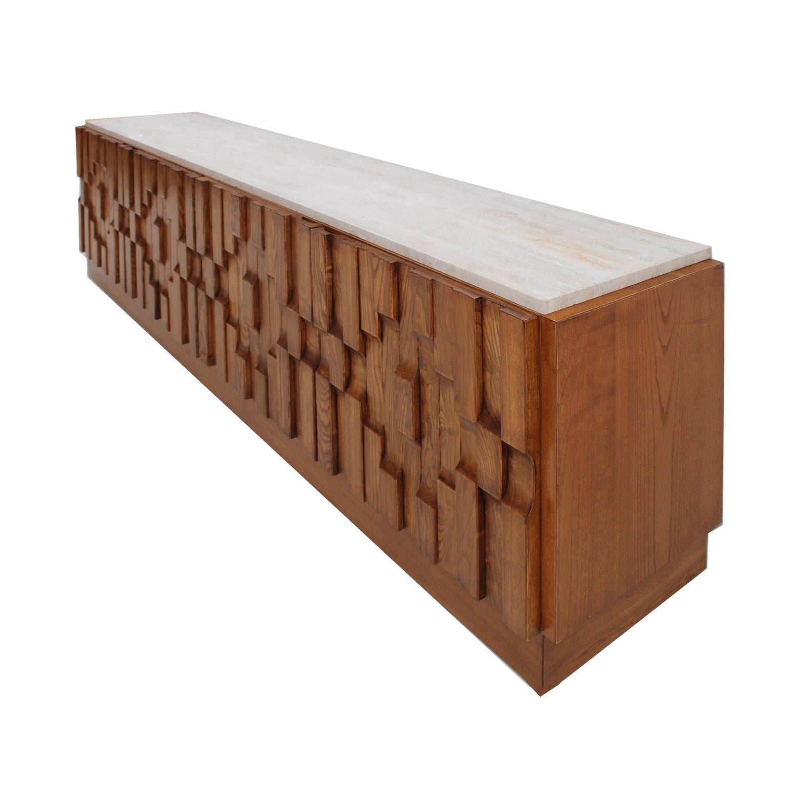 Italian Oak Wood Sideboard with Travertine Marble Top and Hand Carved Patterns For Sale 3
