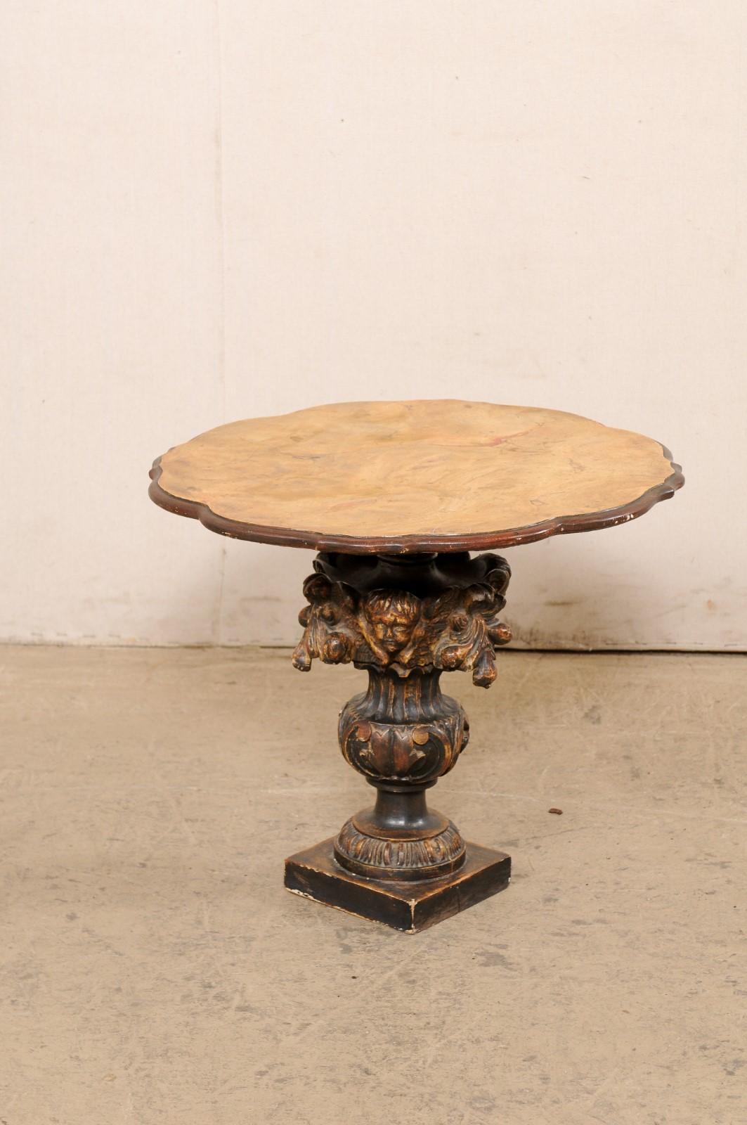 Wood Italian Occasional Table with Putto & Urn Carved Pedestal , 19th C For Sale