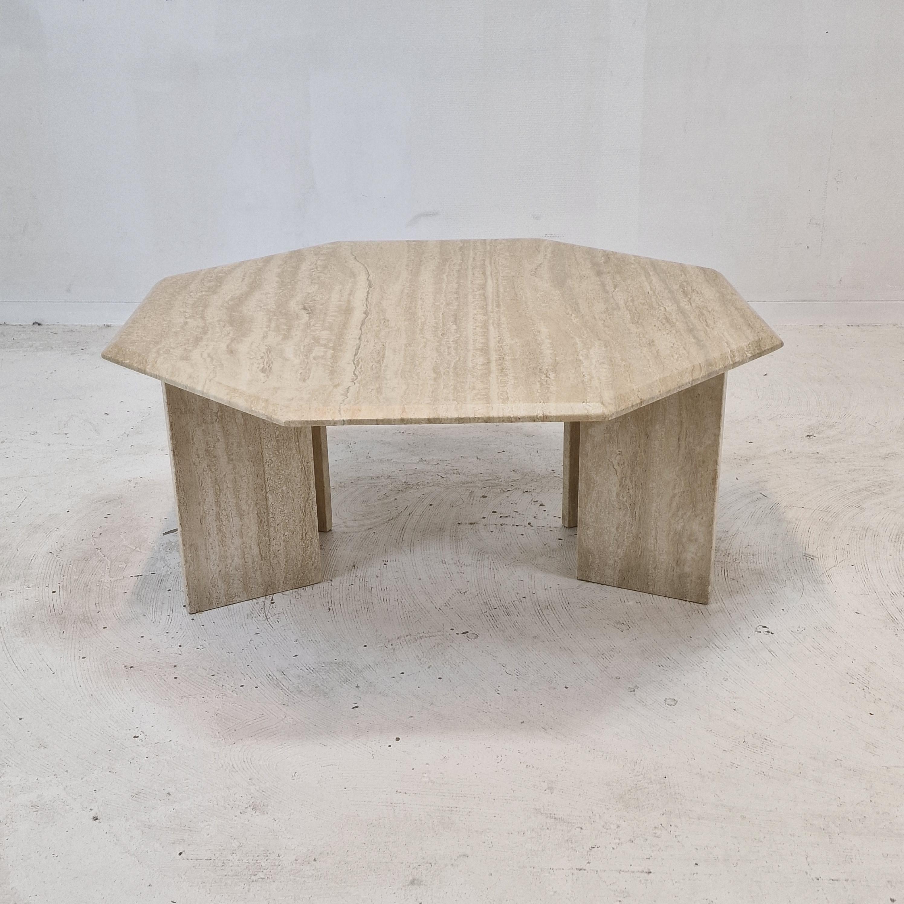 Mid-Century Modern Italian Octagon Coffee Table in Travertine, 1980s For Sale