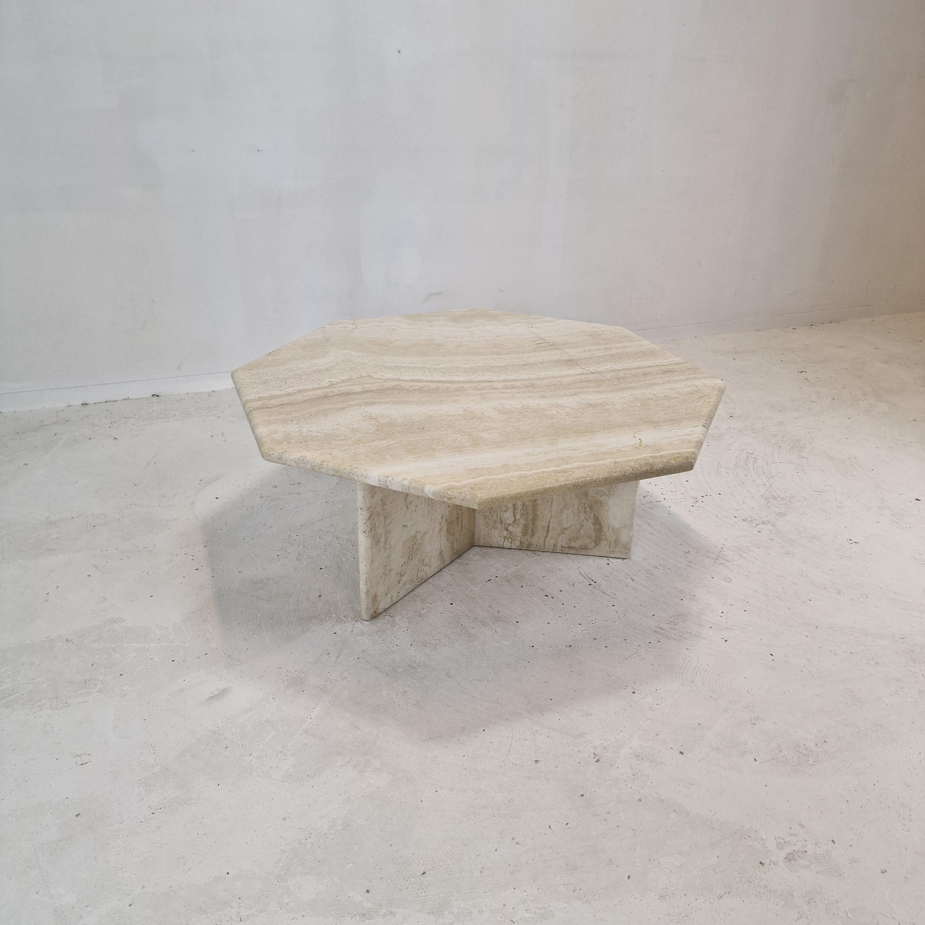 Hand-Crafted Italian Octagon Coffee Table in Travertine, 1980s For Sale