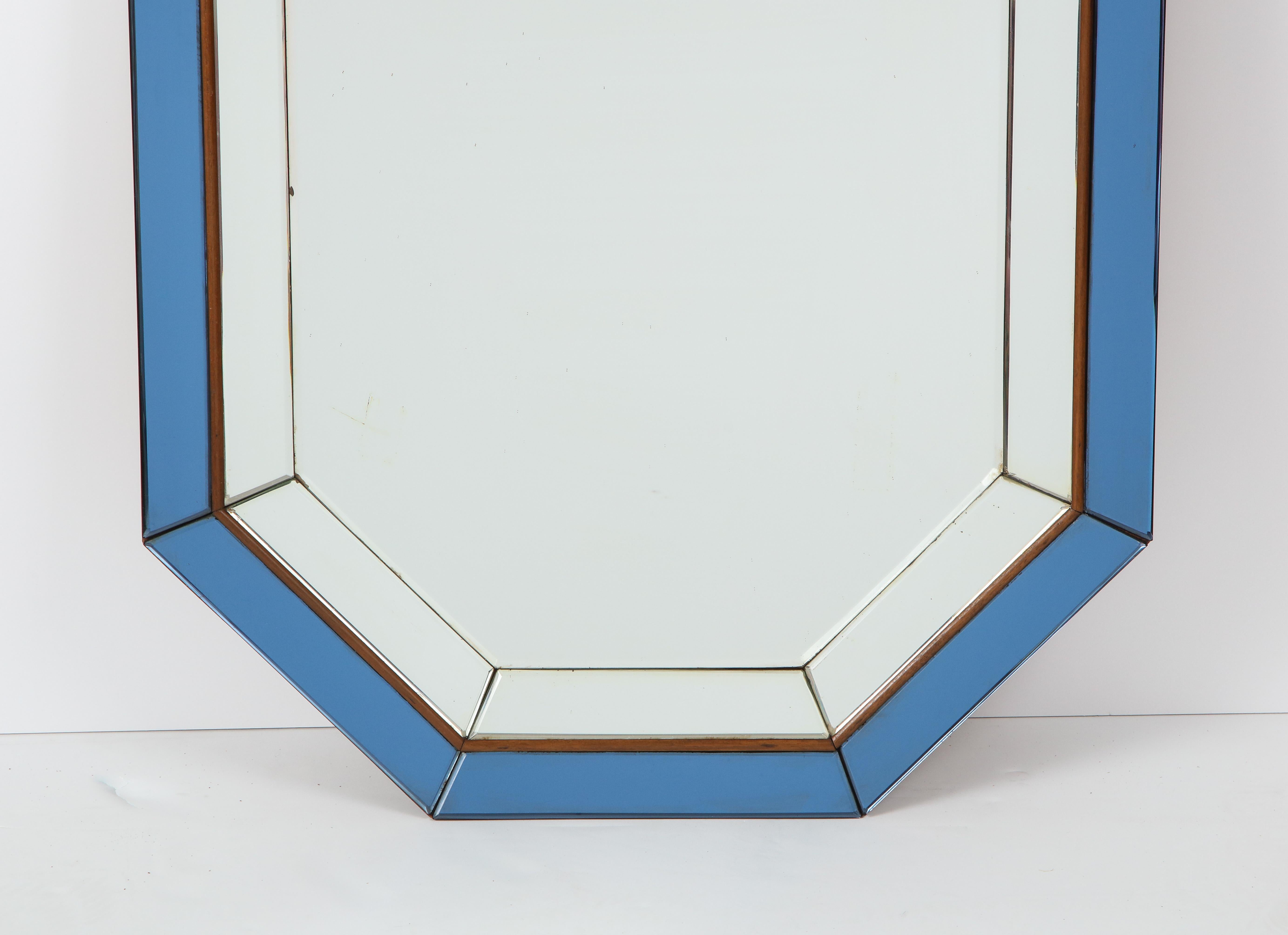 Mid-Century Modern Italian Octagonal Blue and Clear Glass Mirror