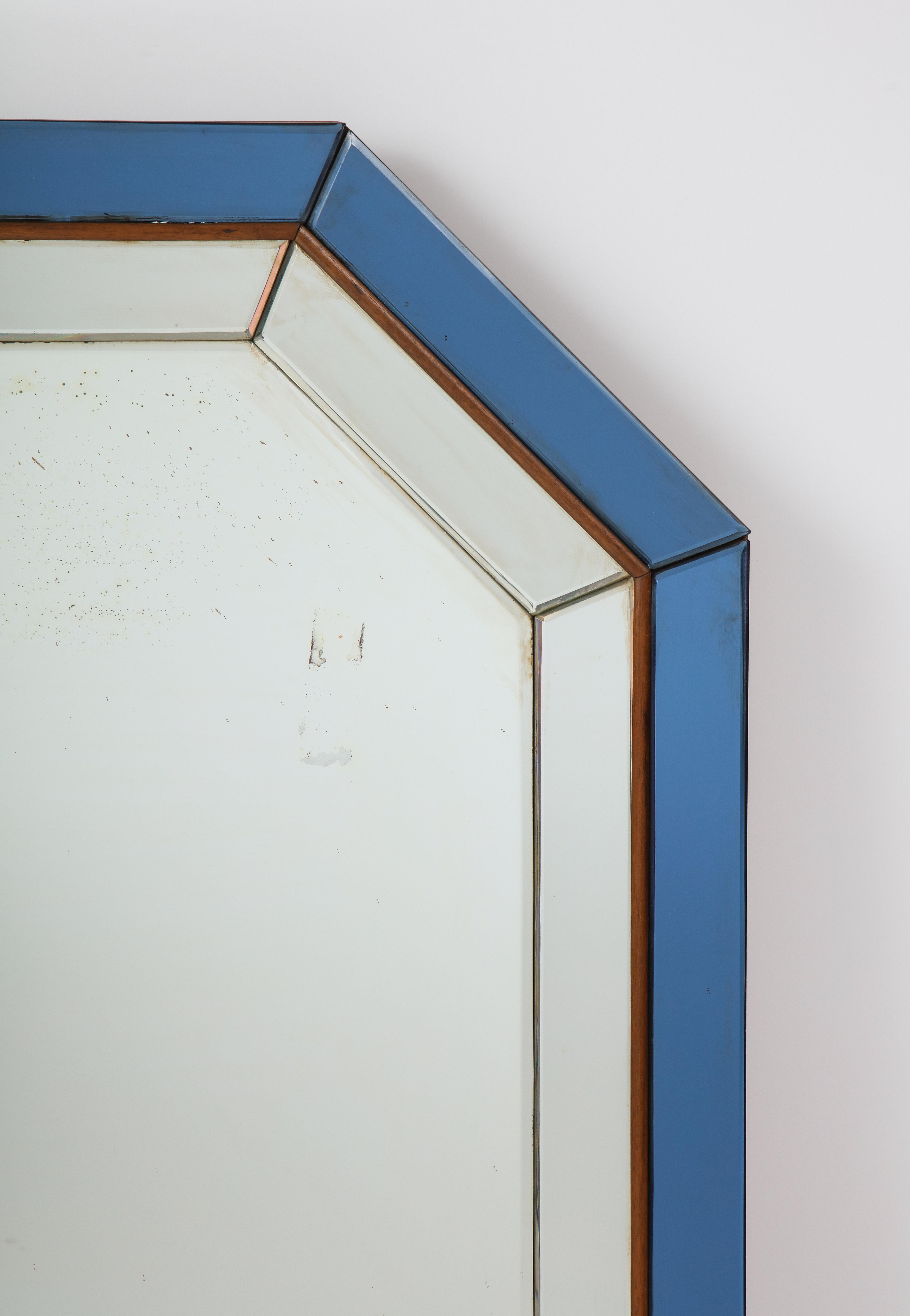 Mid-20th Century Italian Octagonal Blue and Clear Glass Mirror