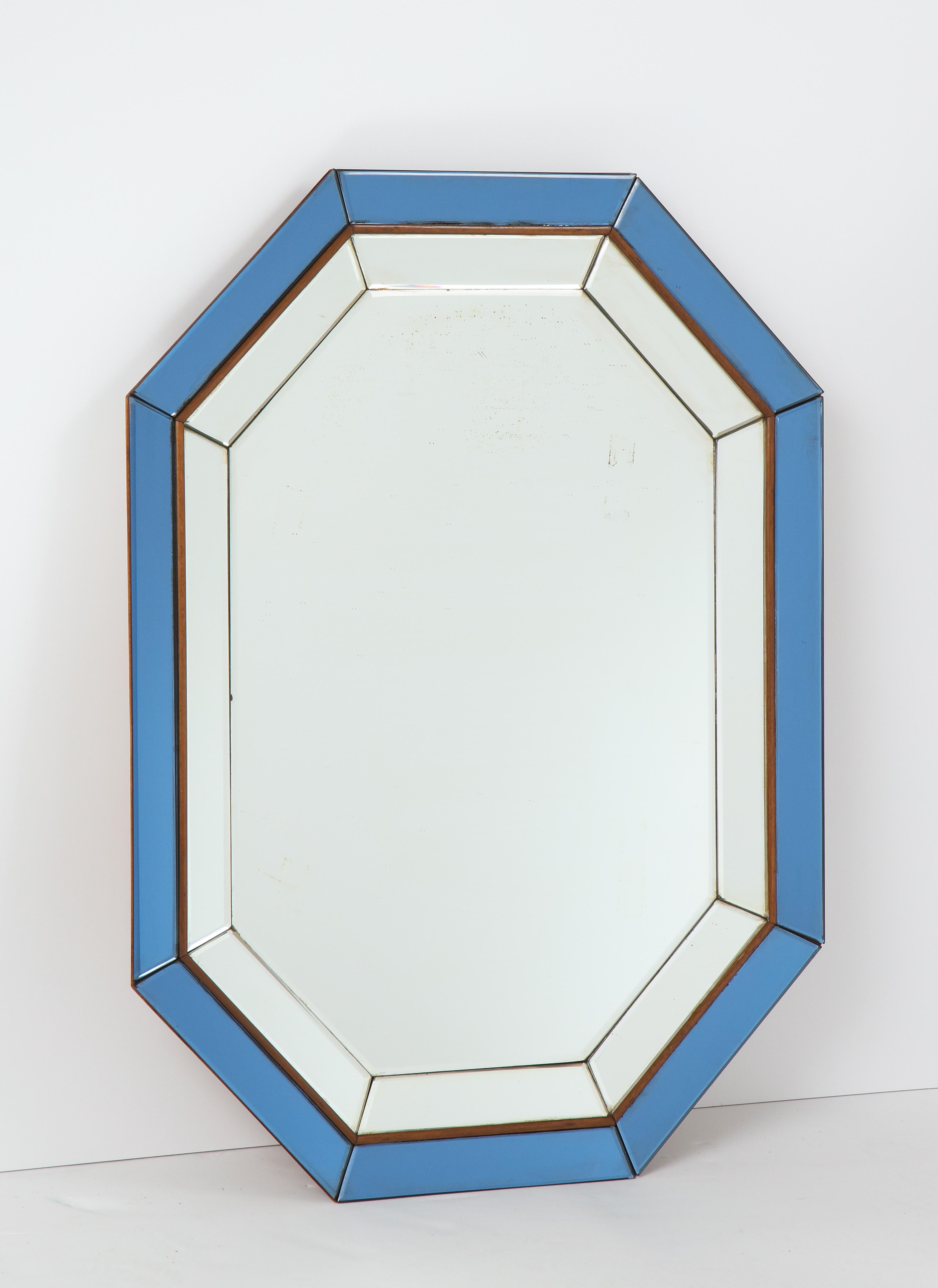 Cut Glass Italian Octagonal Blue and Clear Glass Mirror