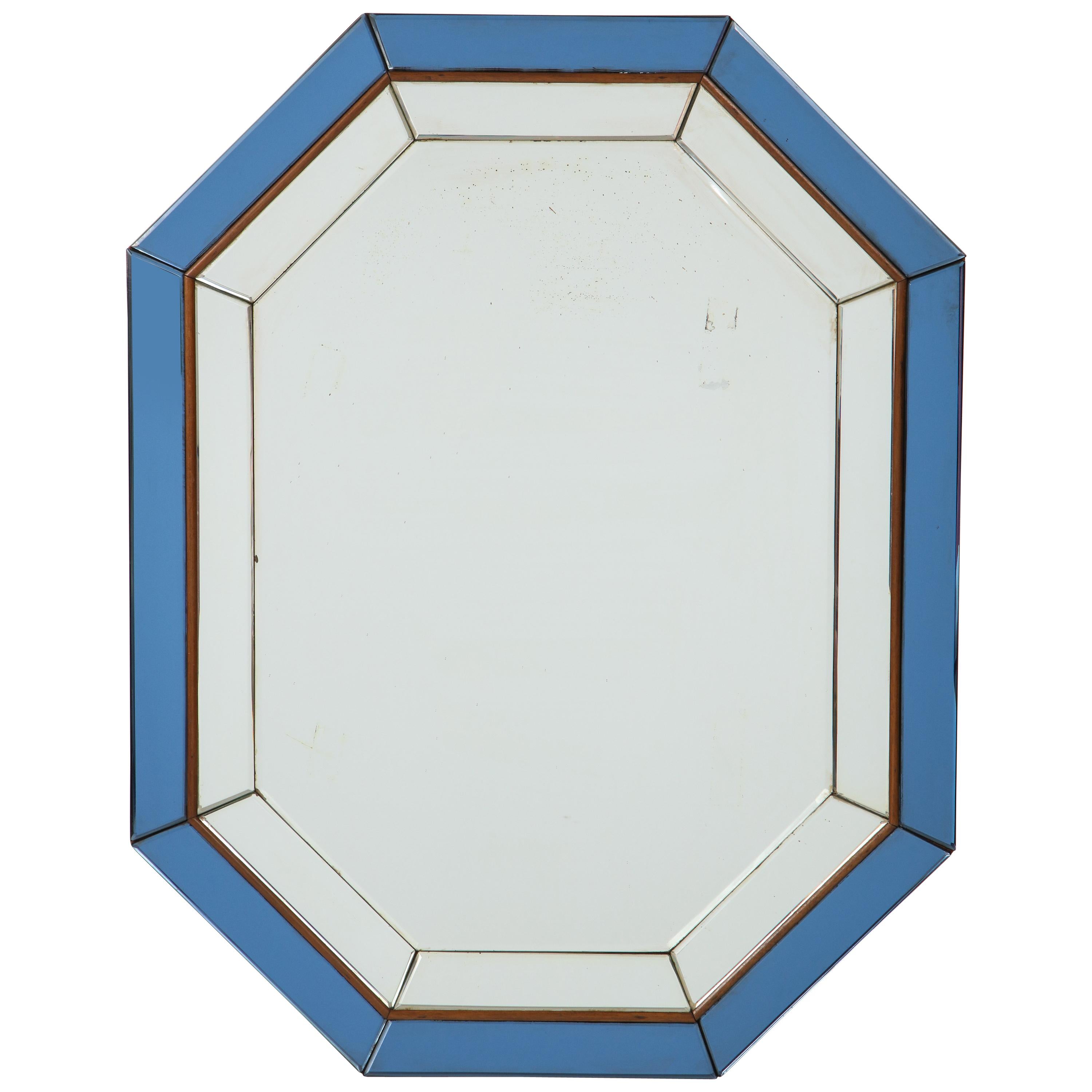 Italian Octagonal Blue and Clear Glass Mirror